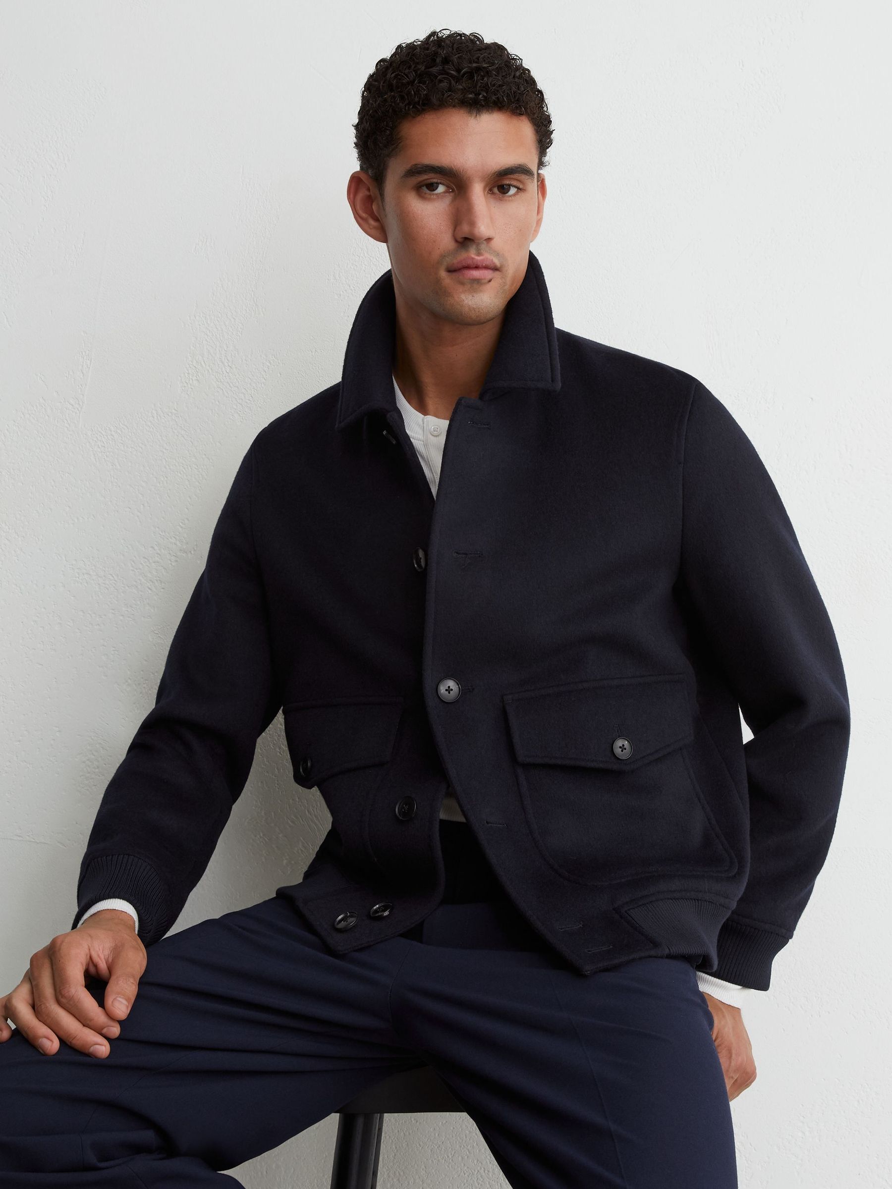 Navy - Regular Wool-blend Flap-pocket Bomber Jacket