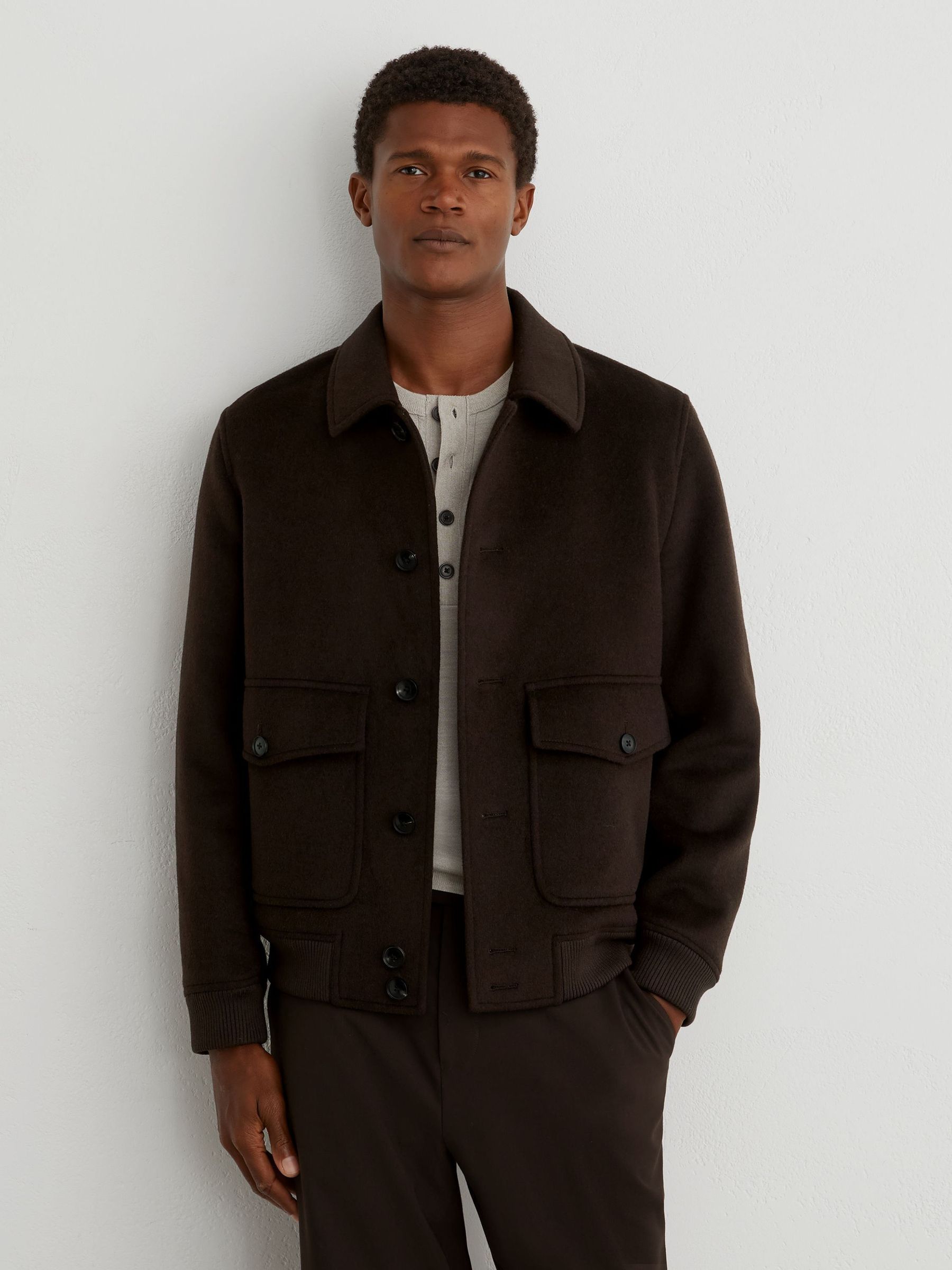 Chocolate Brown - Regular Wool-blend Flap-pocket Bomber Jacket