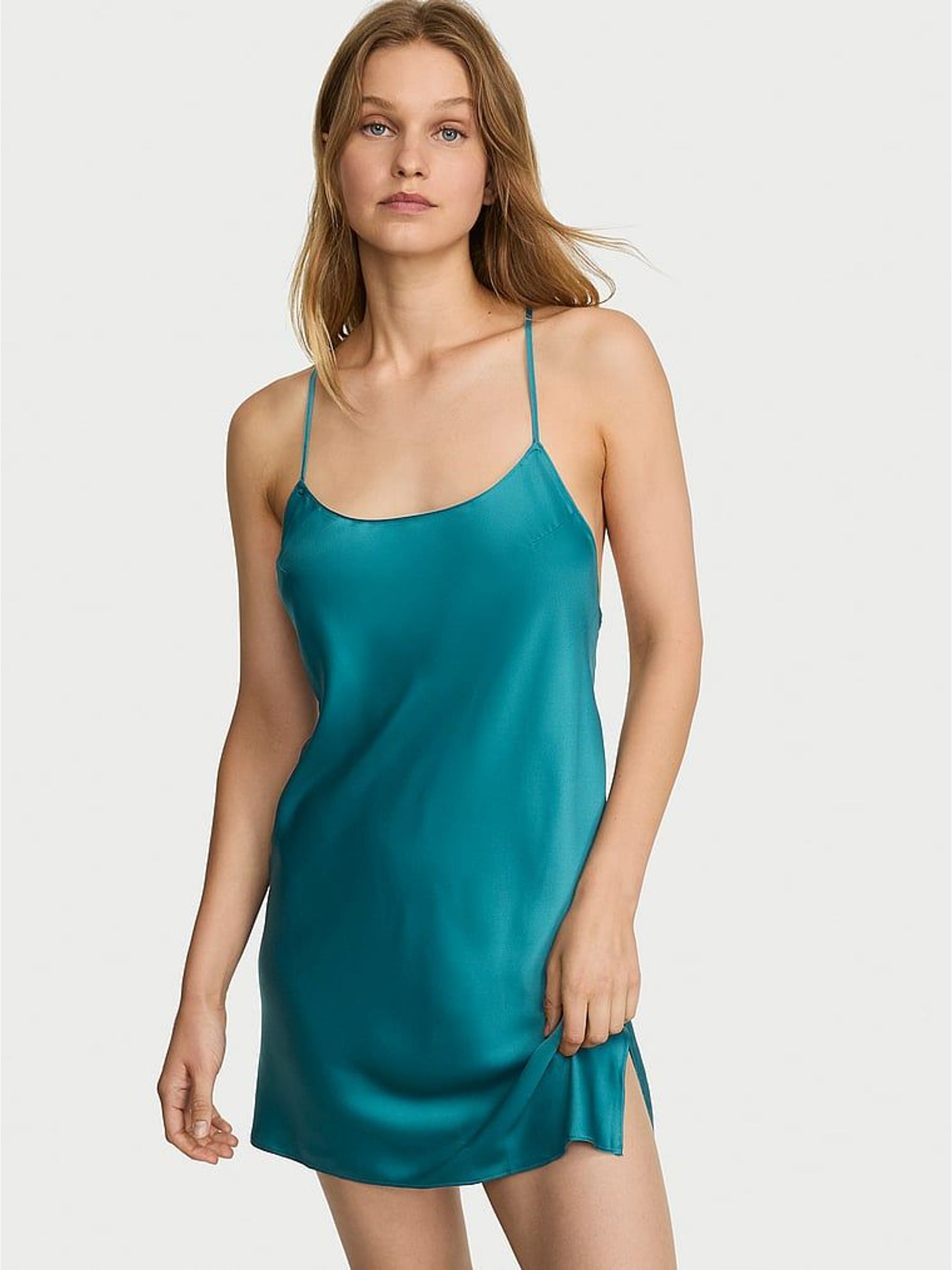 Aquarium Blue - Mini Satin Open Back Slip