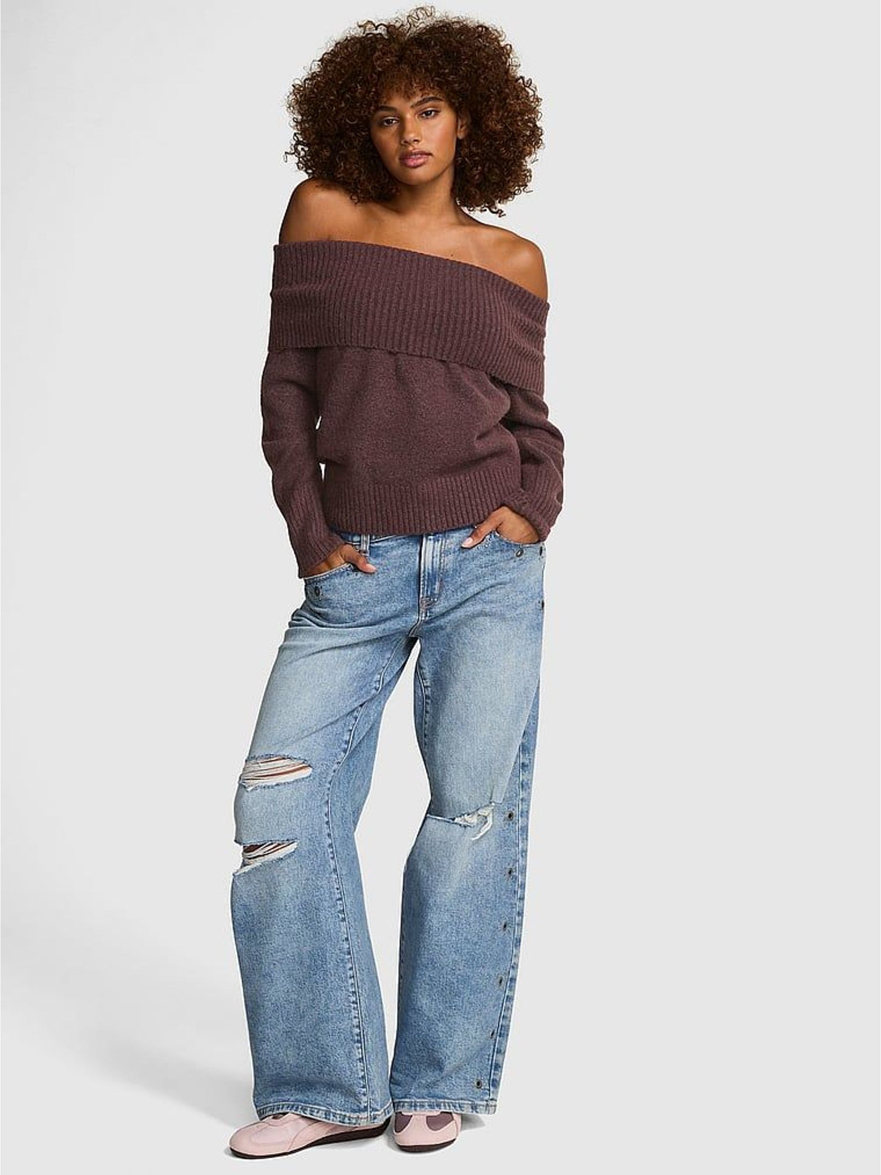 Coco Crush Brown - Foldover Off The Shoulder Jumper