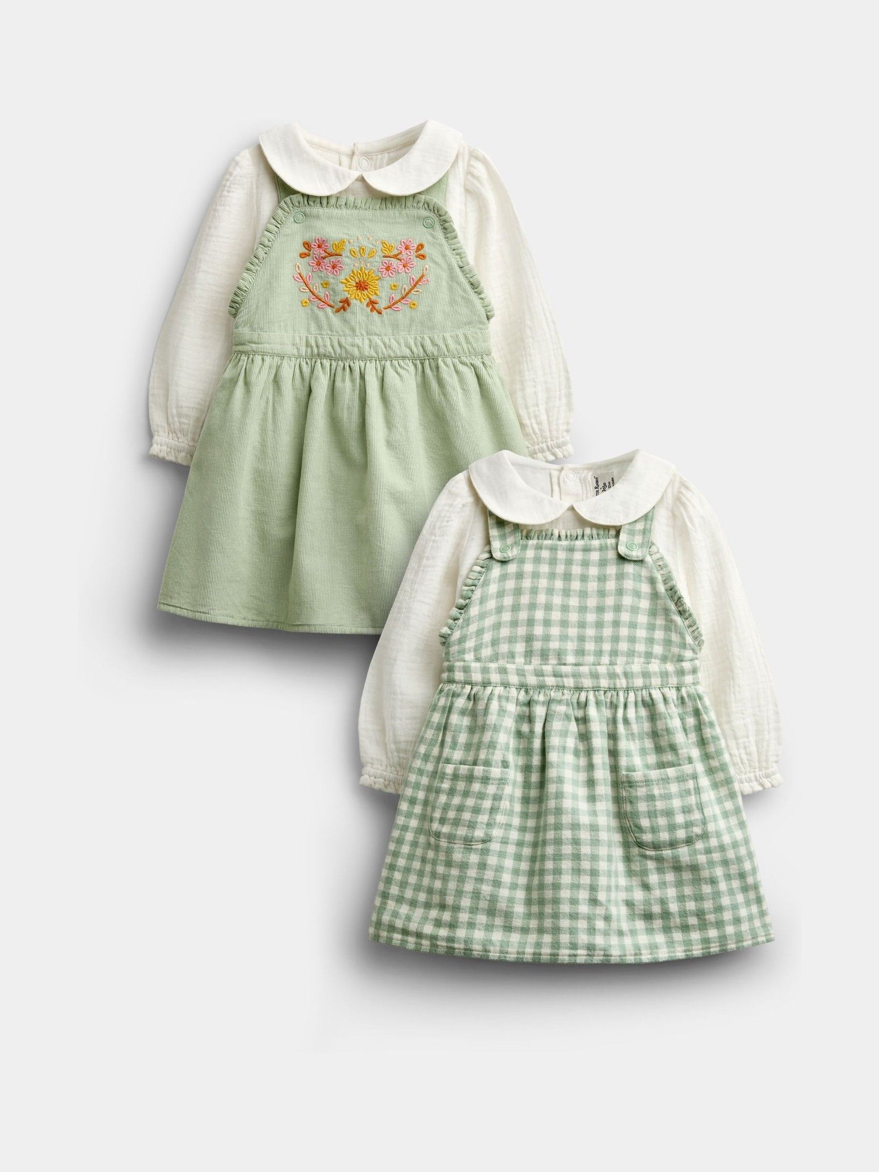 Sage Green Gingham - Embroidered Dress Set