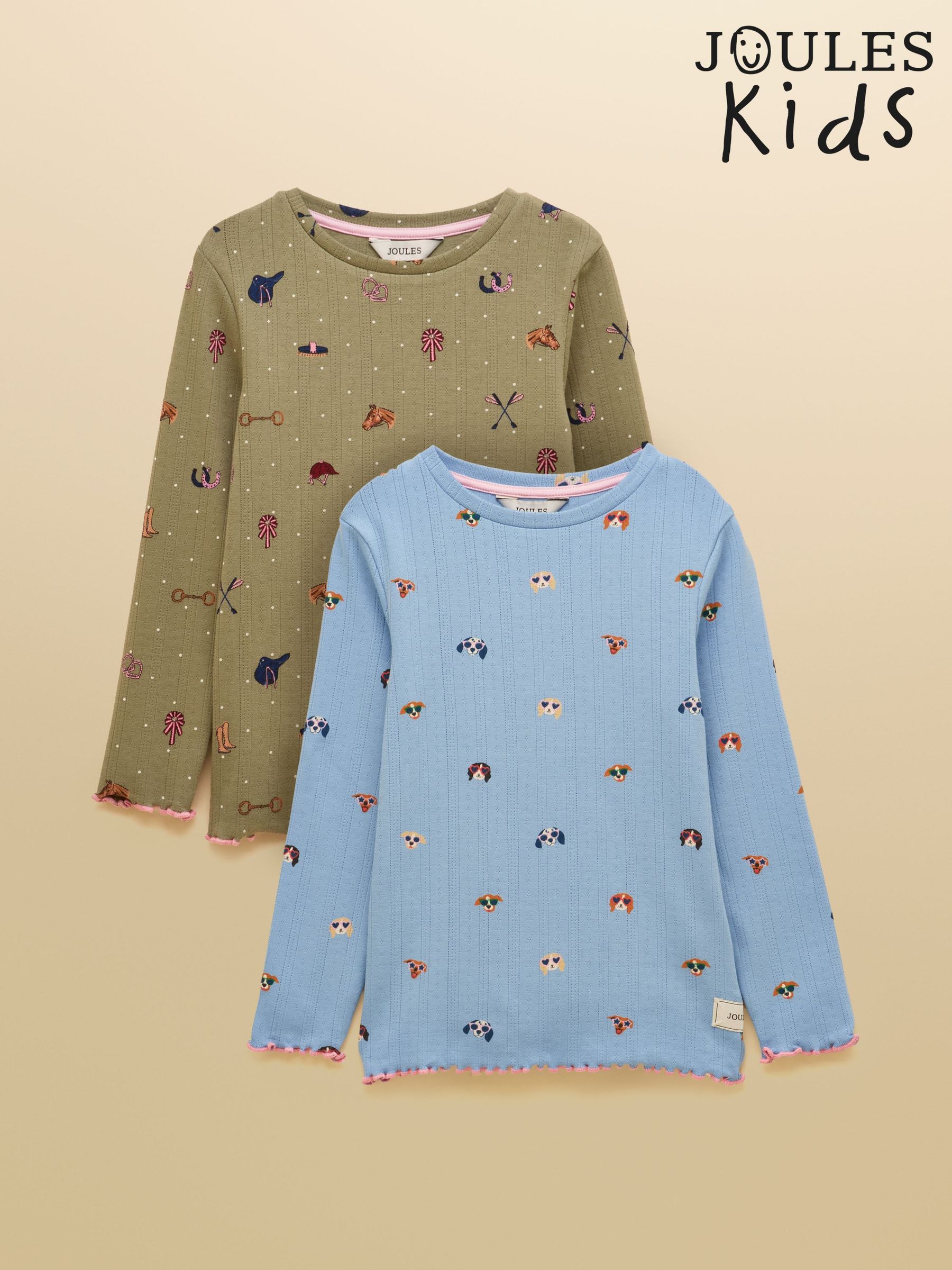 Khaki & Blue - Pack Of Two Long Sleeve Pointelle Tops