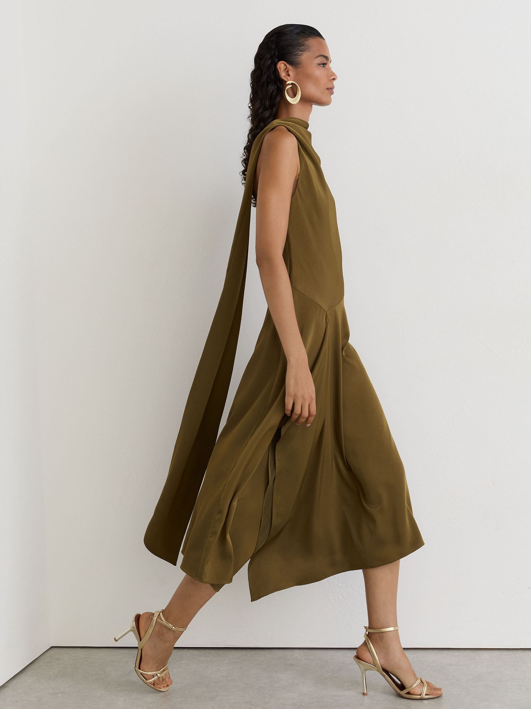 Khaki Green - Satin One-shoulder Draped Midi Dress