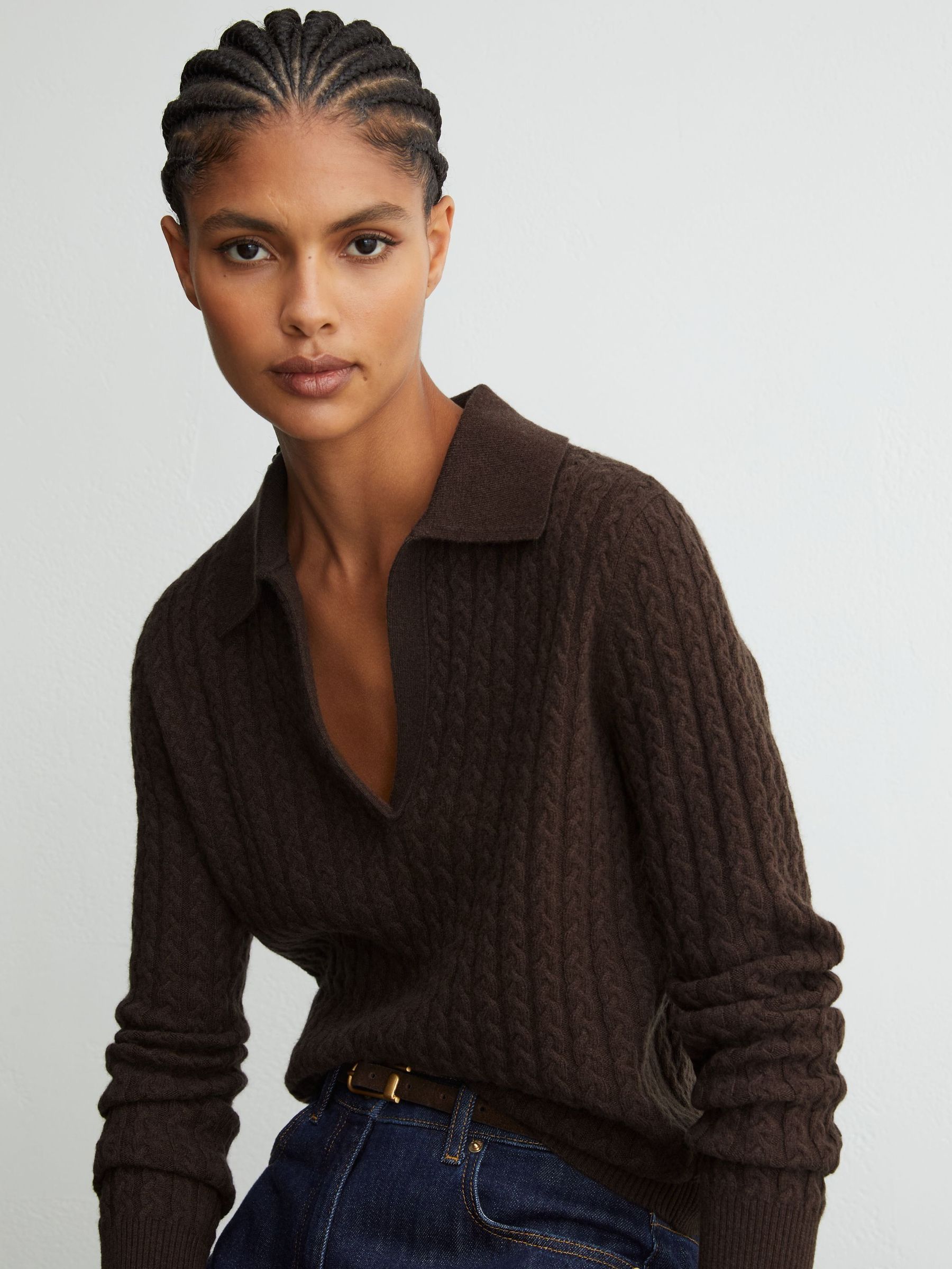 Grape Burgundy - Wool-cashmere Cable-knit Collared Jumper