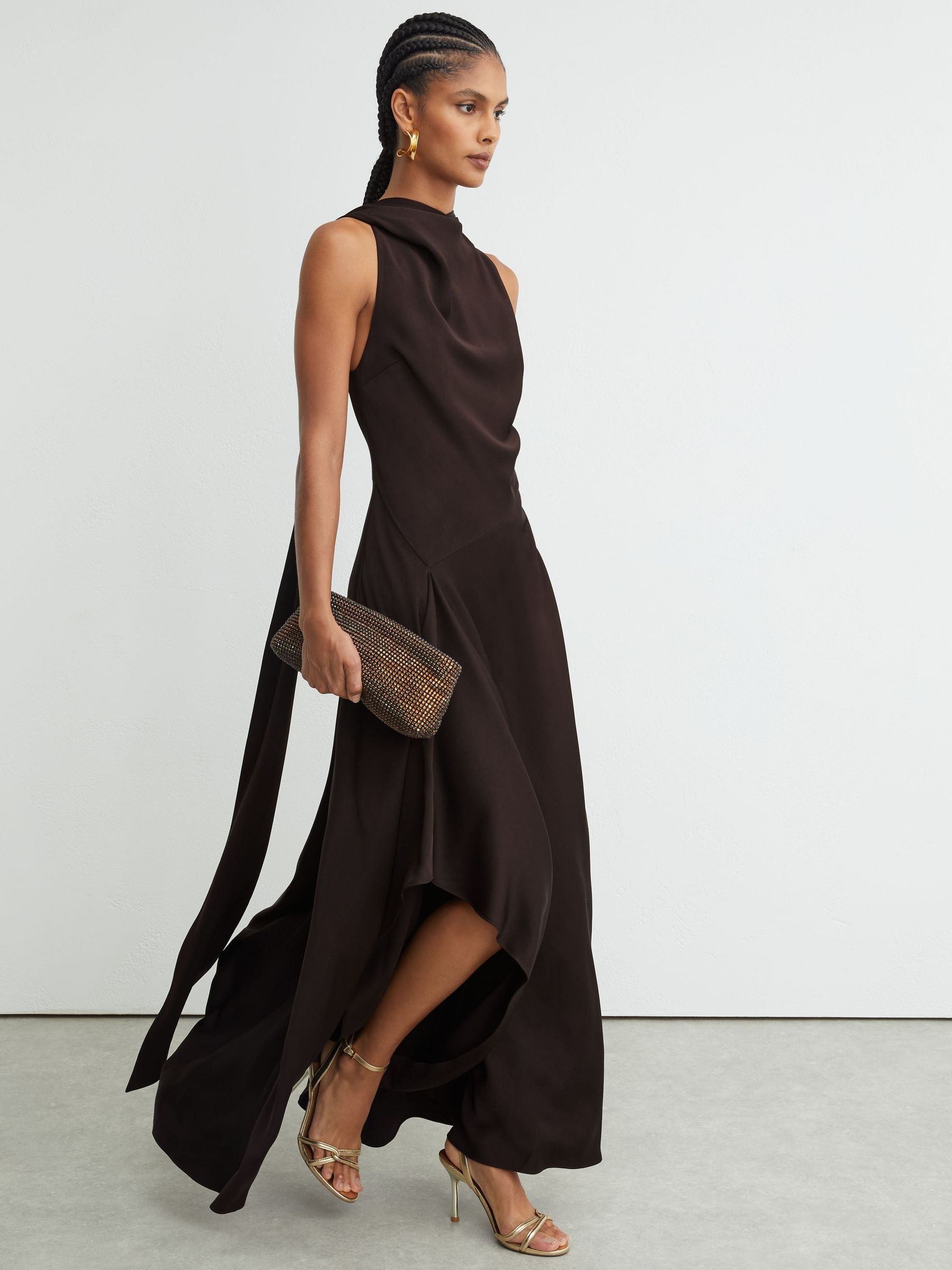 Grape Burgundy - Satin Cape-detail Maxi Dress