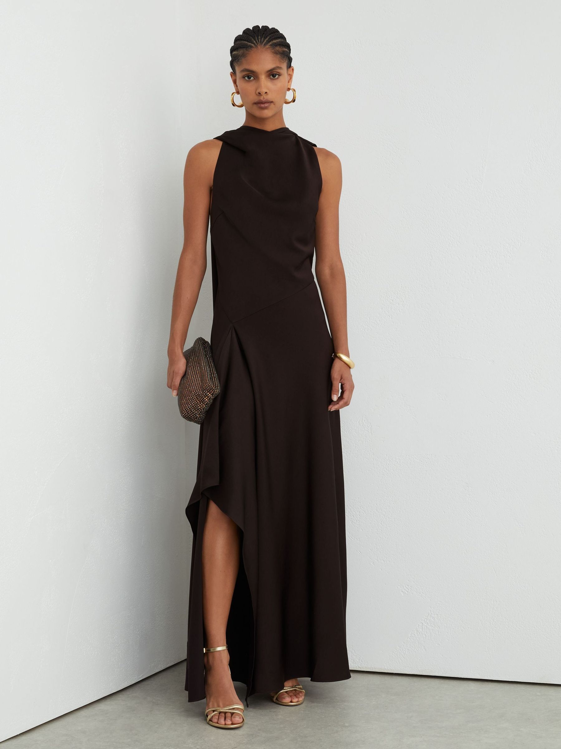 Grape Burgundy - Satin Cape-detail Maxi Dress