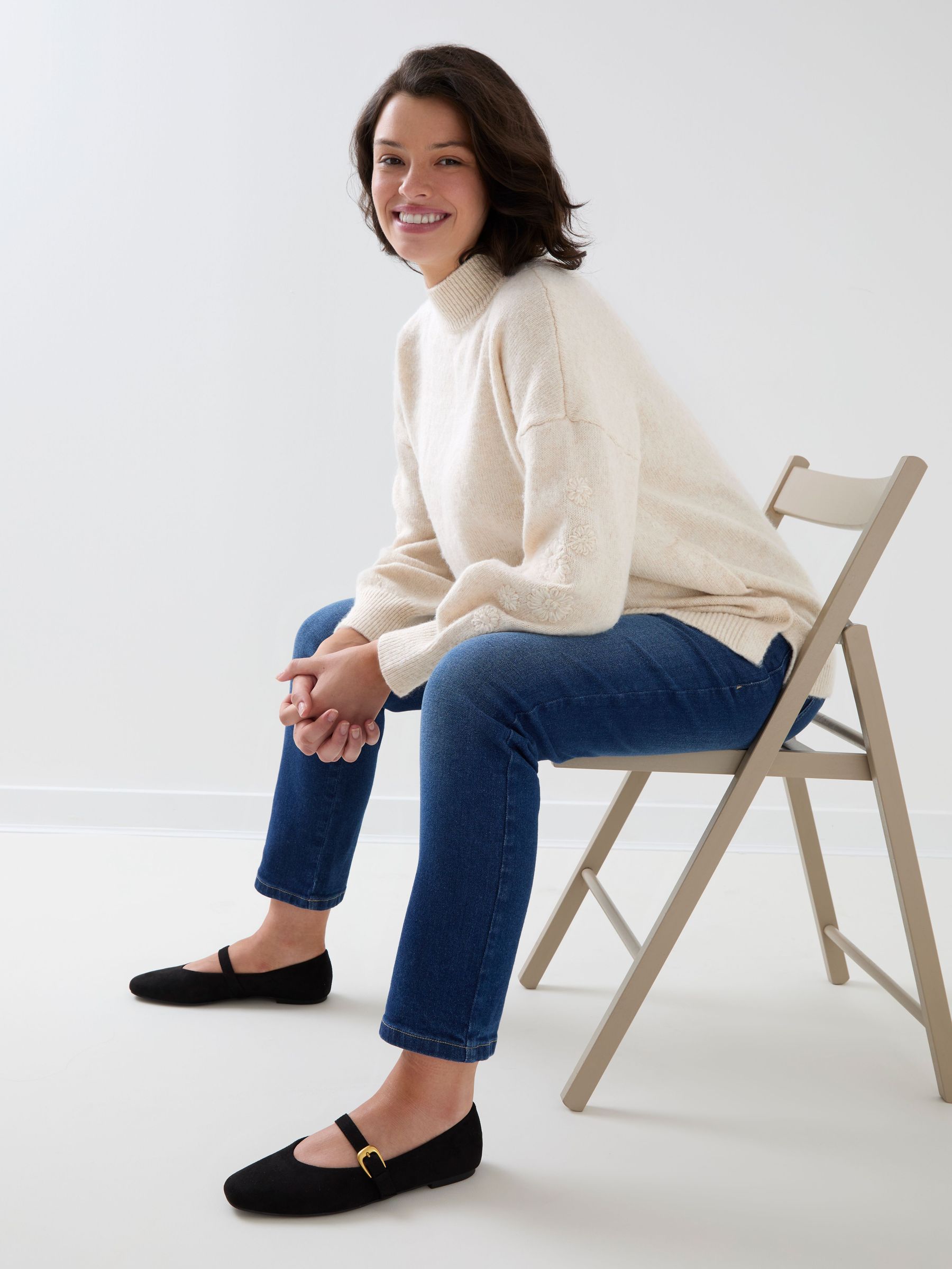 Cream Floral - Embroidered Sleeve Turtleneck Maternity & Nursing Jumper