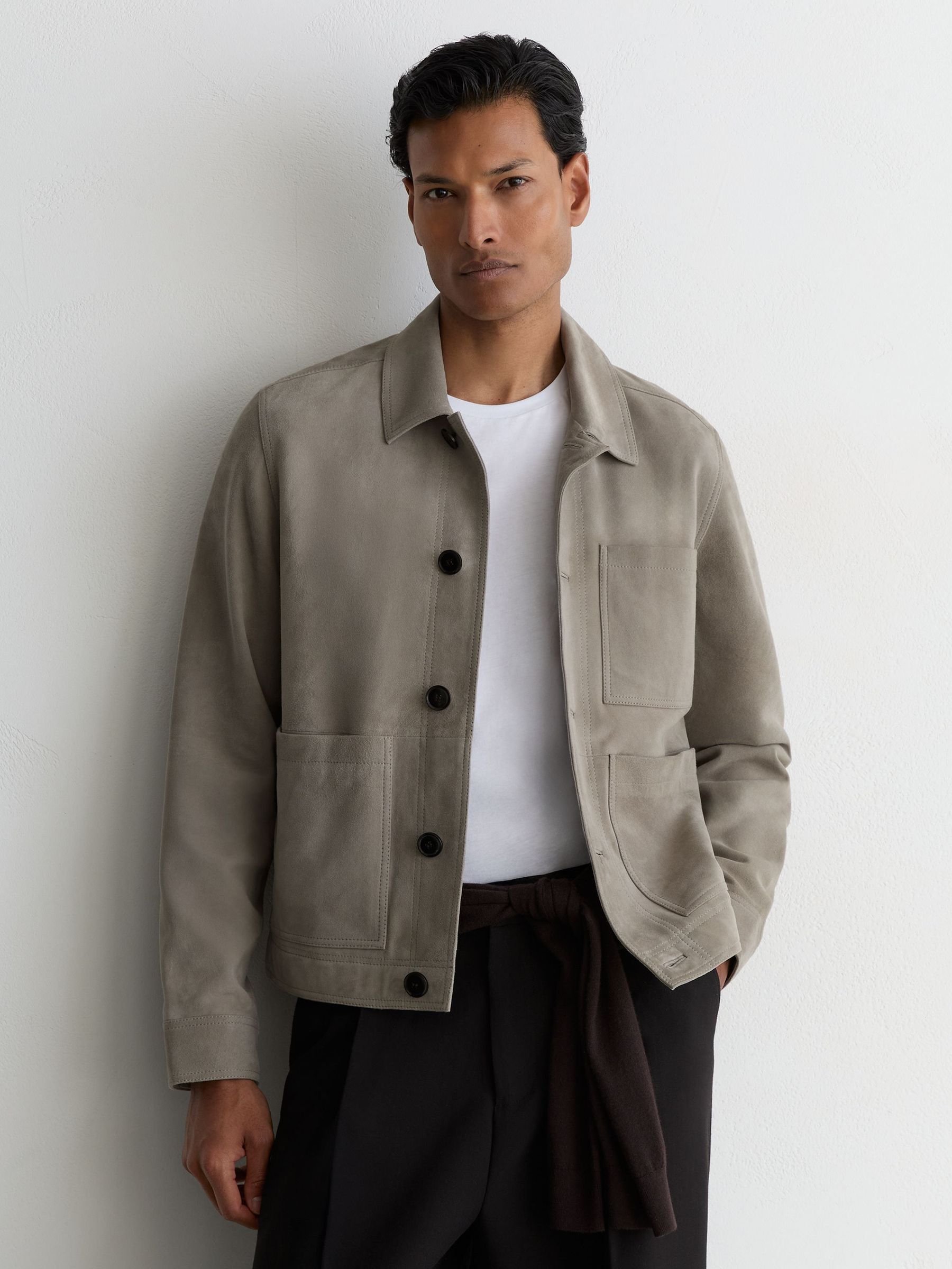 Grey - Regular Suede Button-through Trucker Jacket
