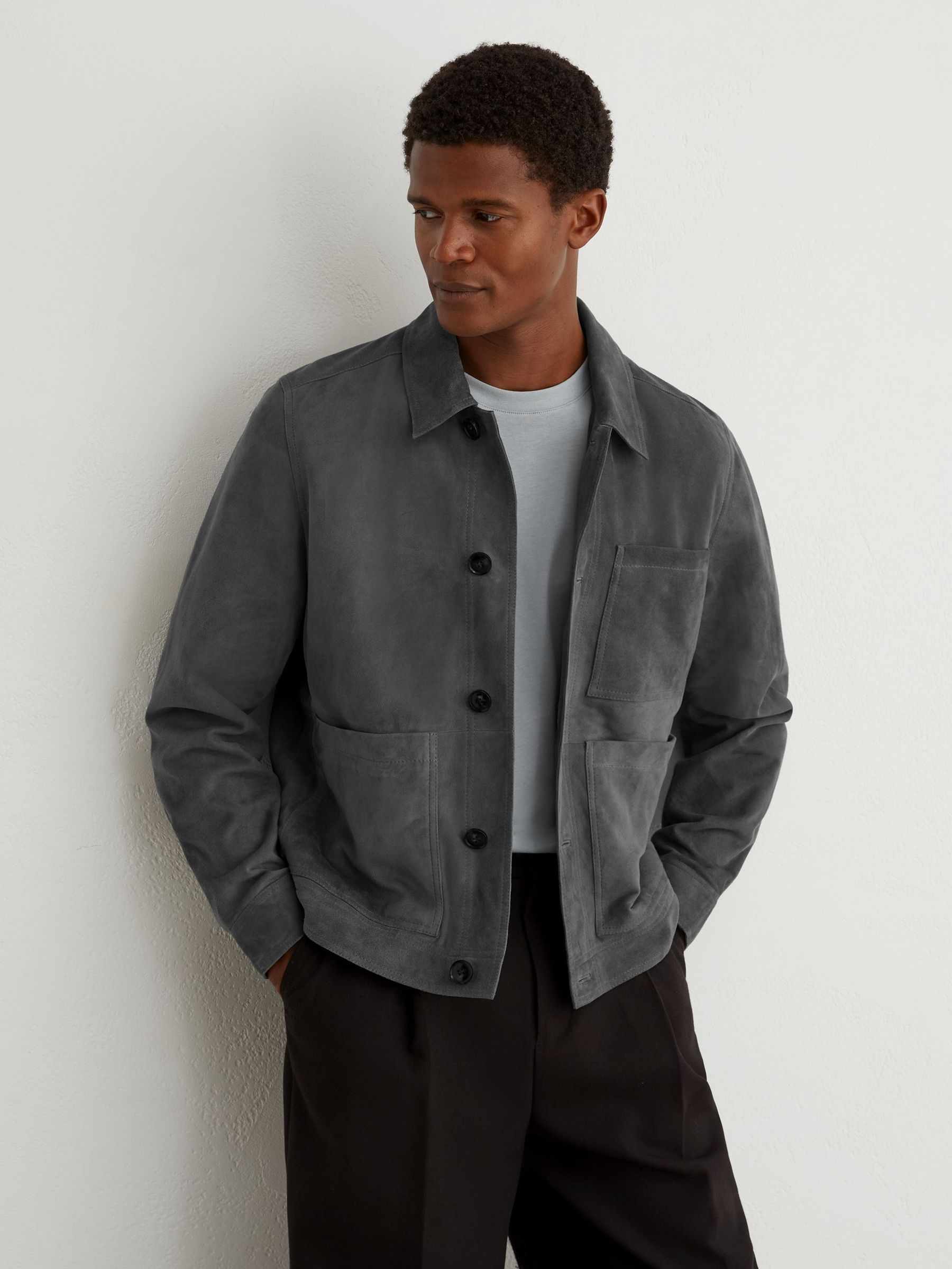 Petrol Blue - Regular Suede Button-through Trucker Jacket