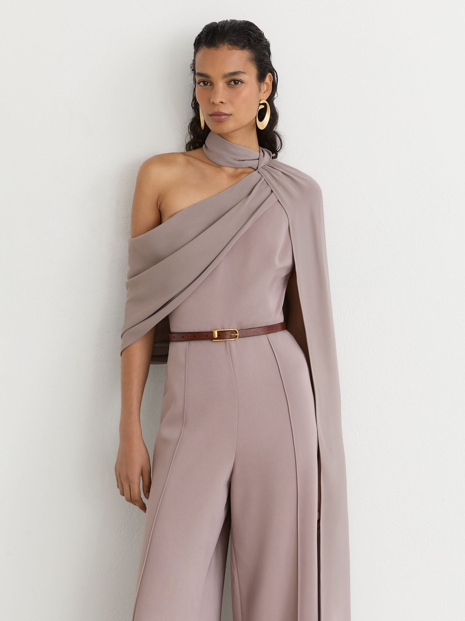 Mauve - One-shoulder Drape Wide-leg Jumpsuit