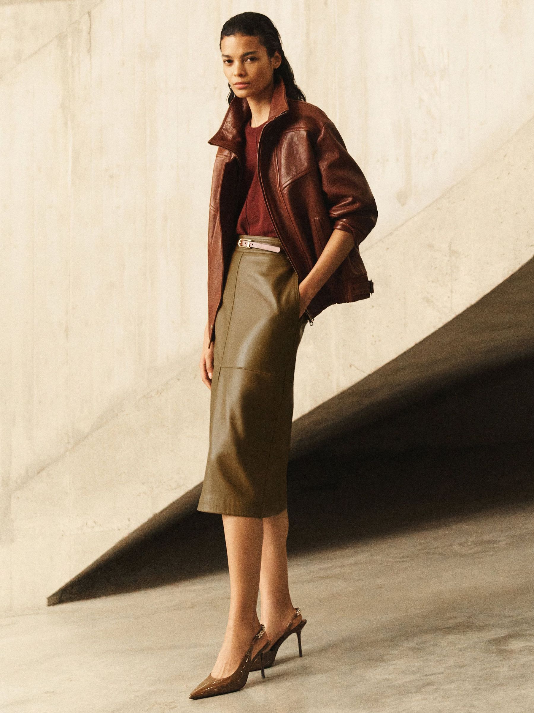 Khaki Green - Leather Midi Pencil Skirt