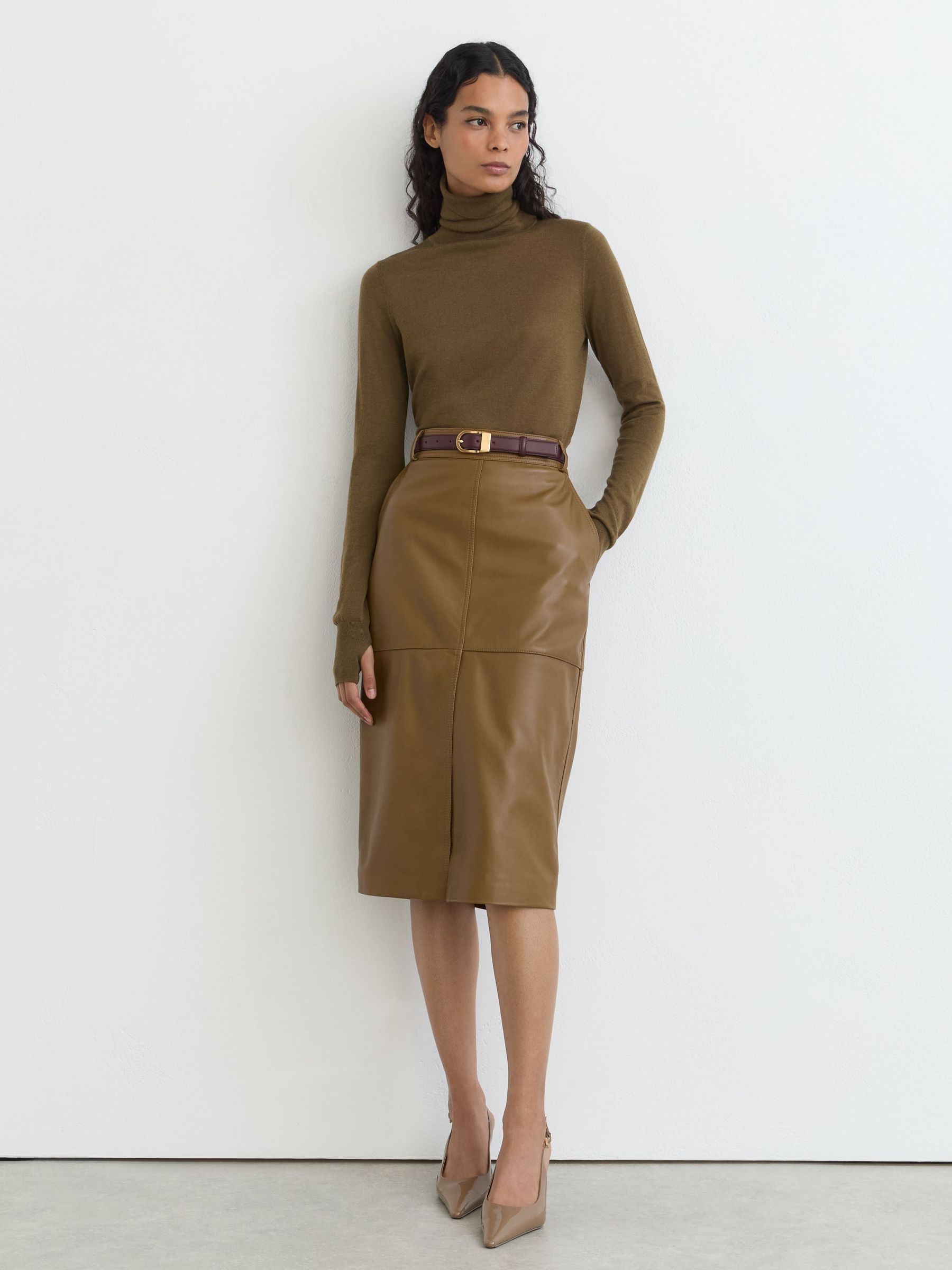 Khaki Green - Leather Midi Pencil Skirt