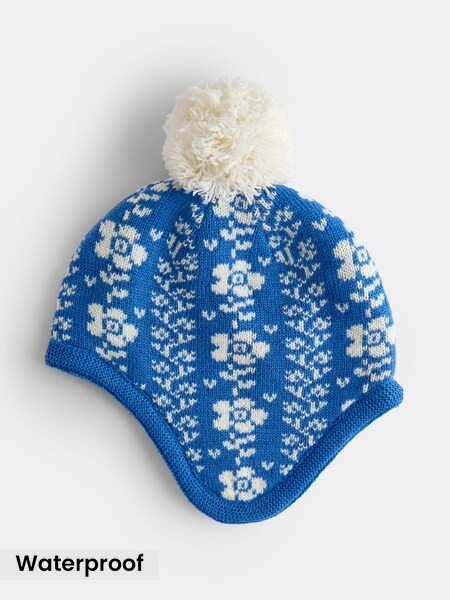 Blue Floral - Pom Pom Knitted Hat