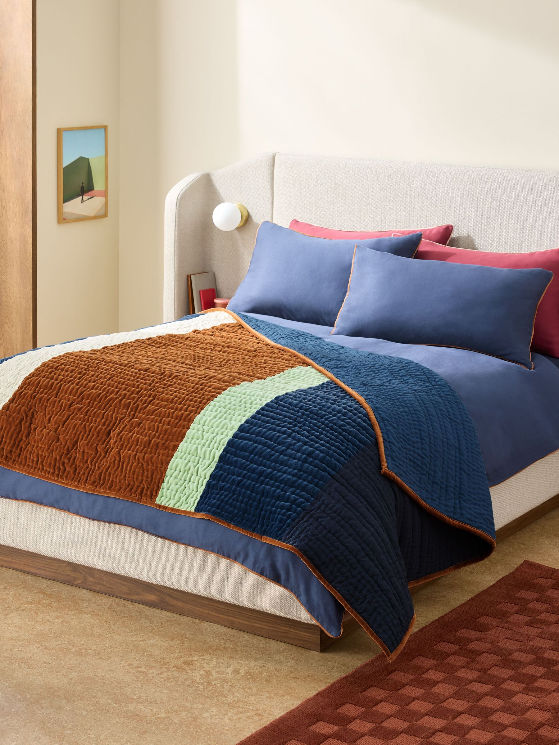 Zetta Patchwork Stripe Cotton Velvet Quilted Bedspread