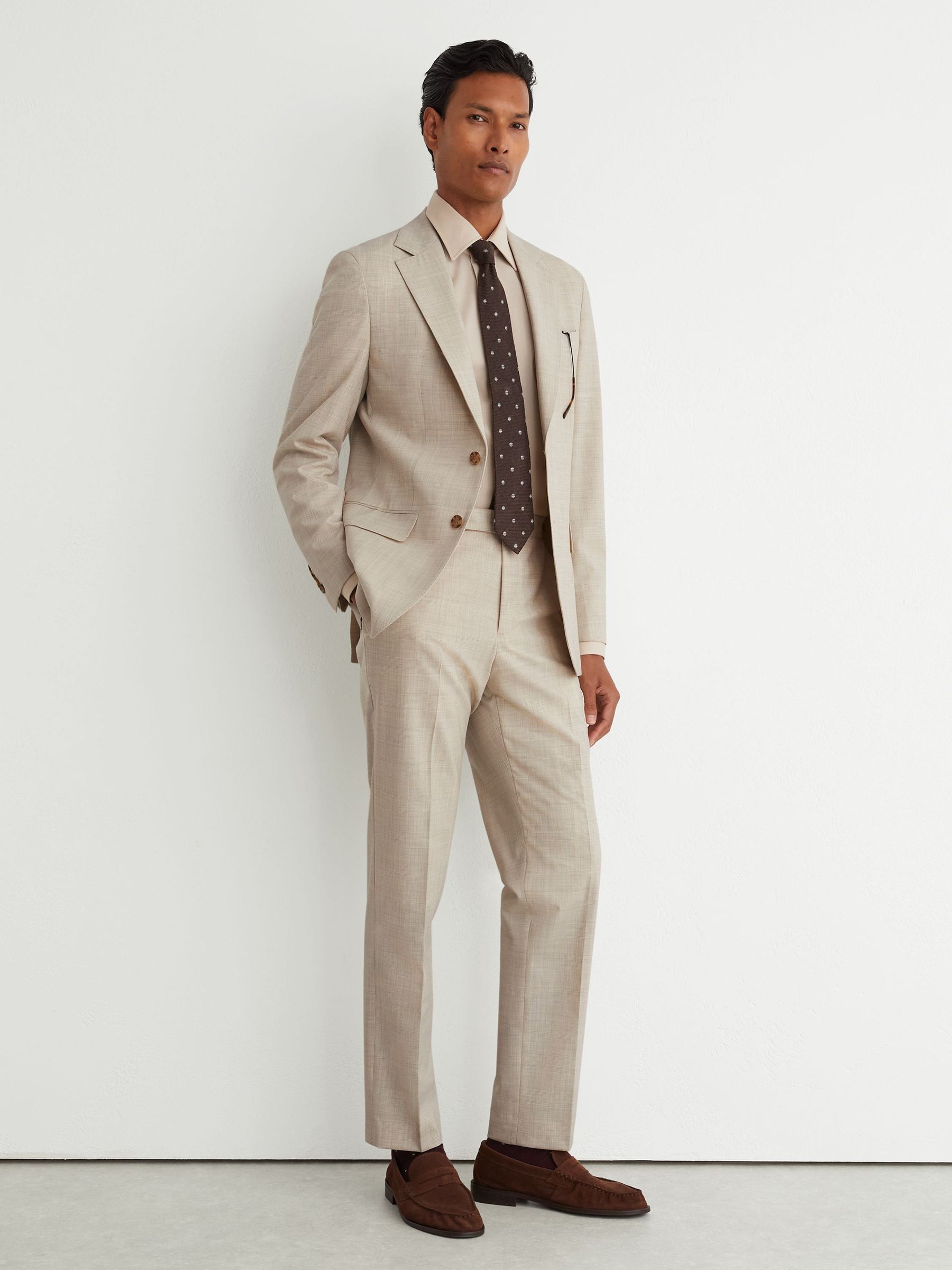 Oatmeal - Regular Wool Pin-check Classic-fit Suit Trousers