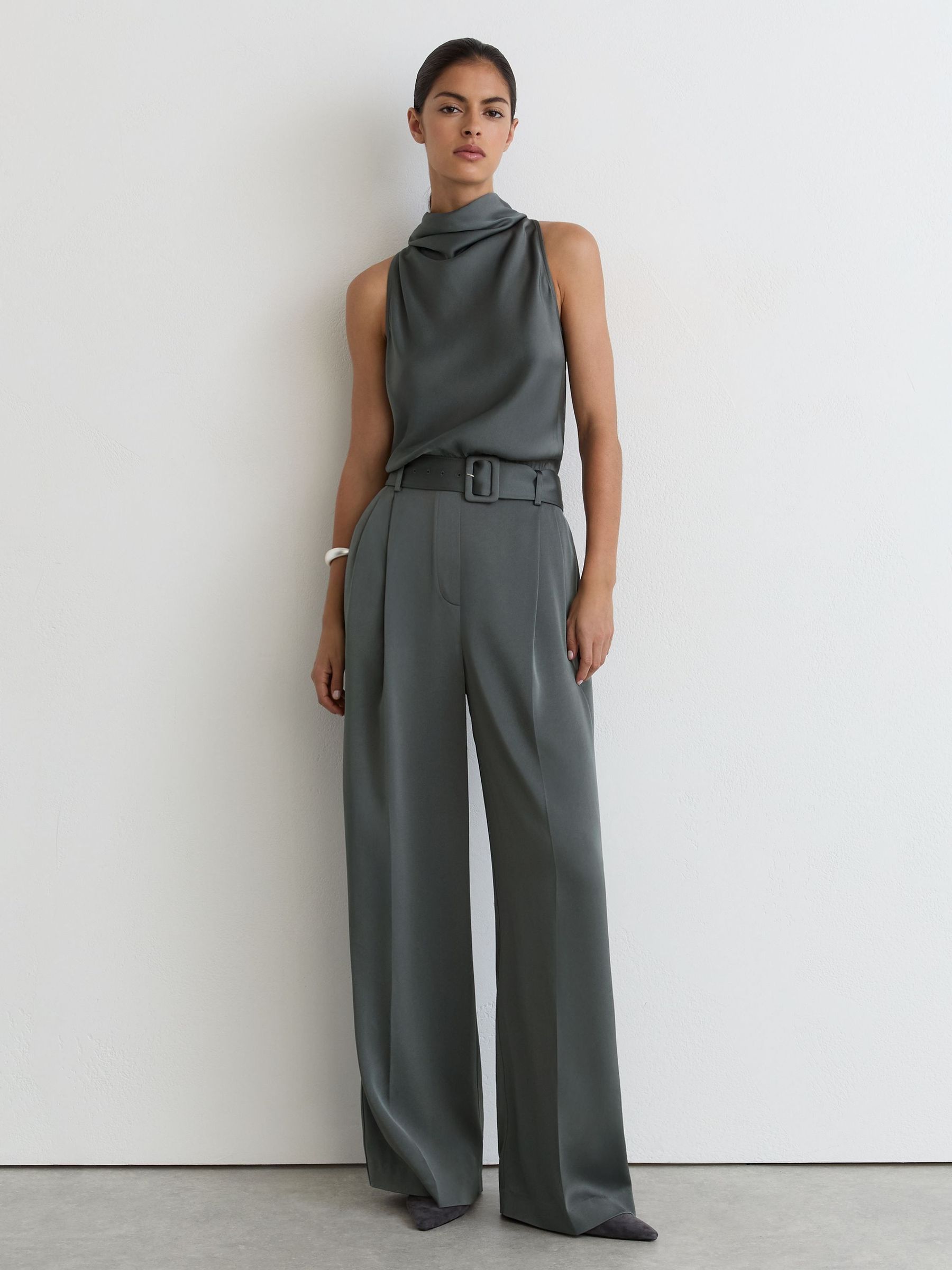 Dark Grey - Satin Cowl-neck Wide-leg Jumpsuit