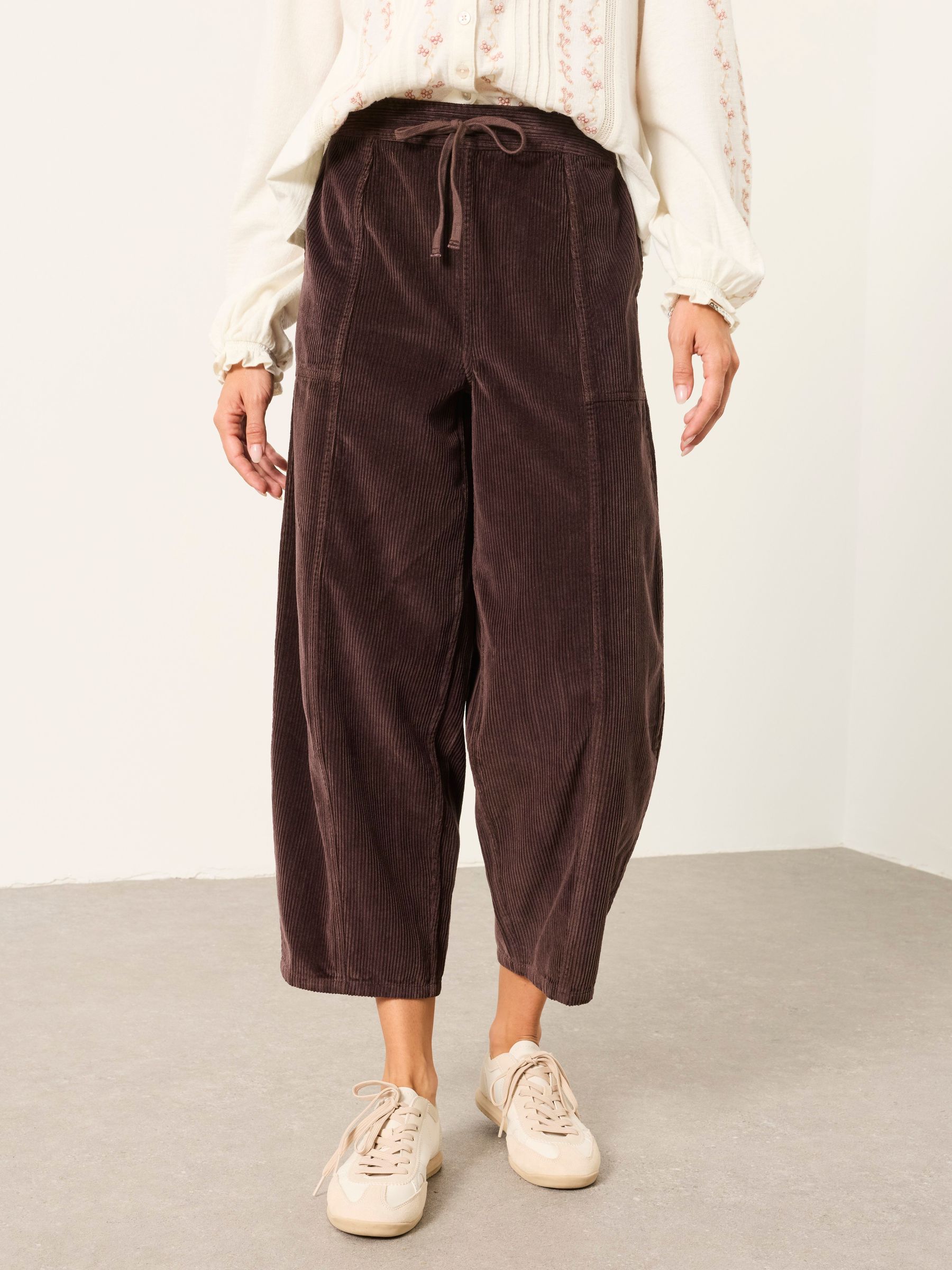 Brown - Barrel Cropped Cord Trousers