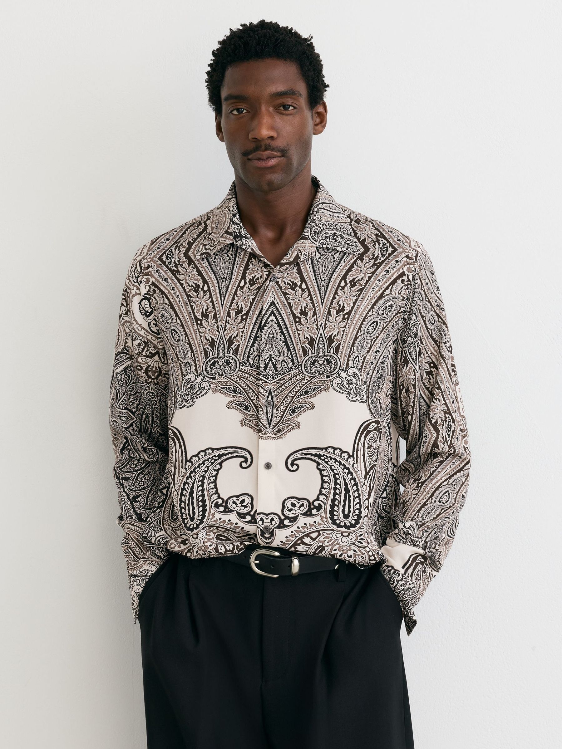 Black/White - Regular Paisley-print Long-sleeve Shirt Regular-fit