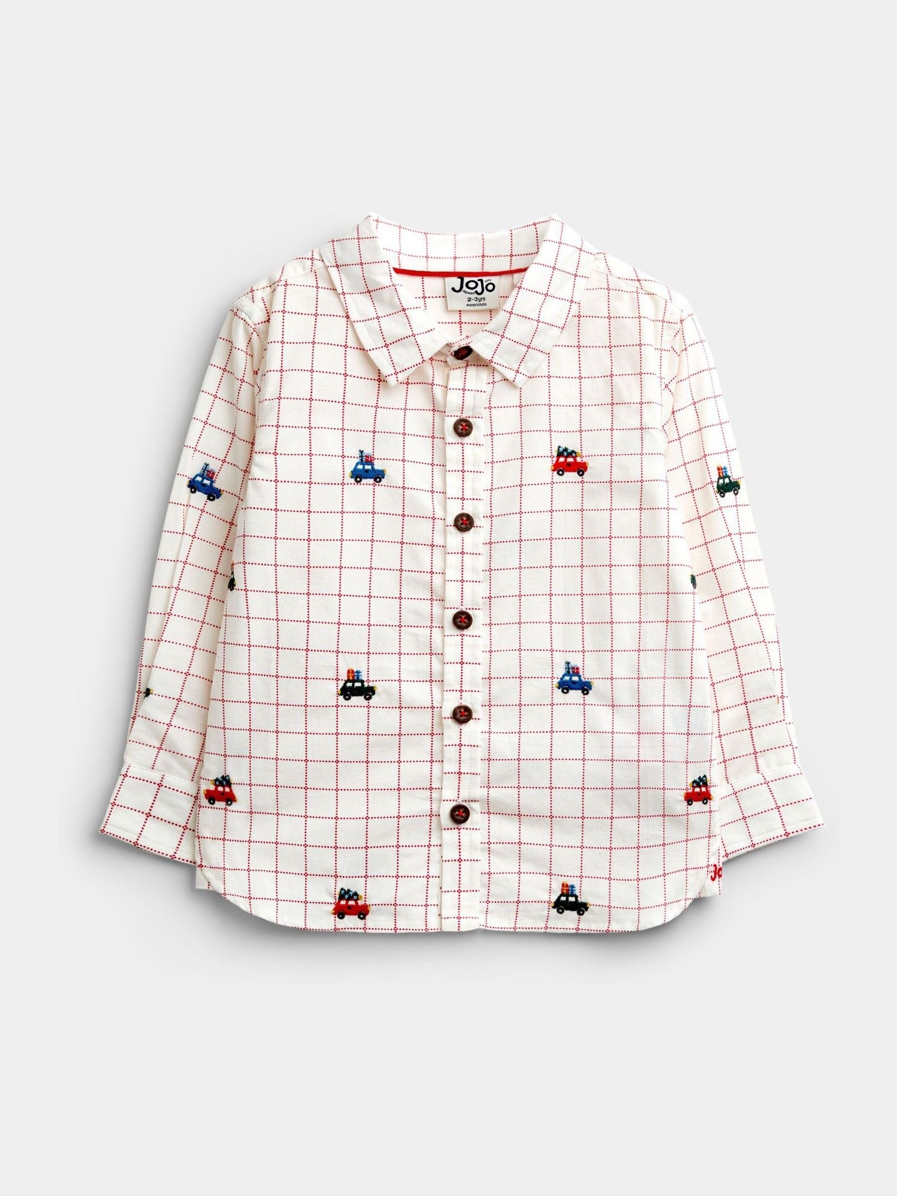 Cream Checked Christmas Car - Embroidered Shirt