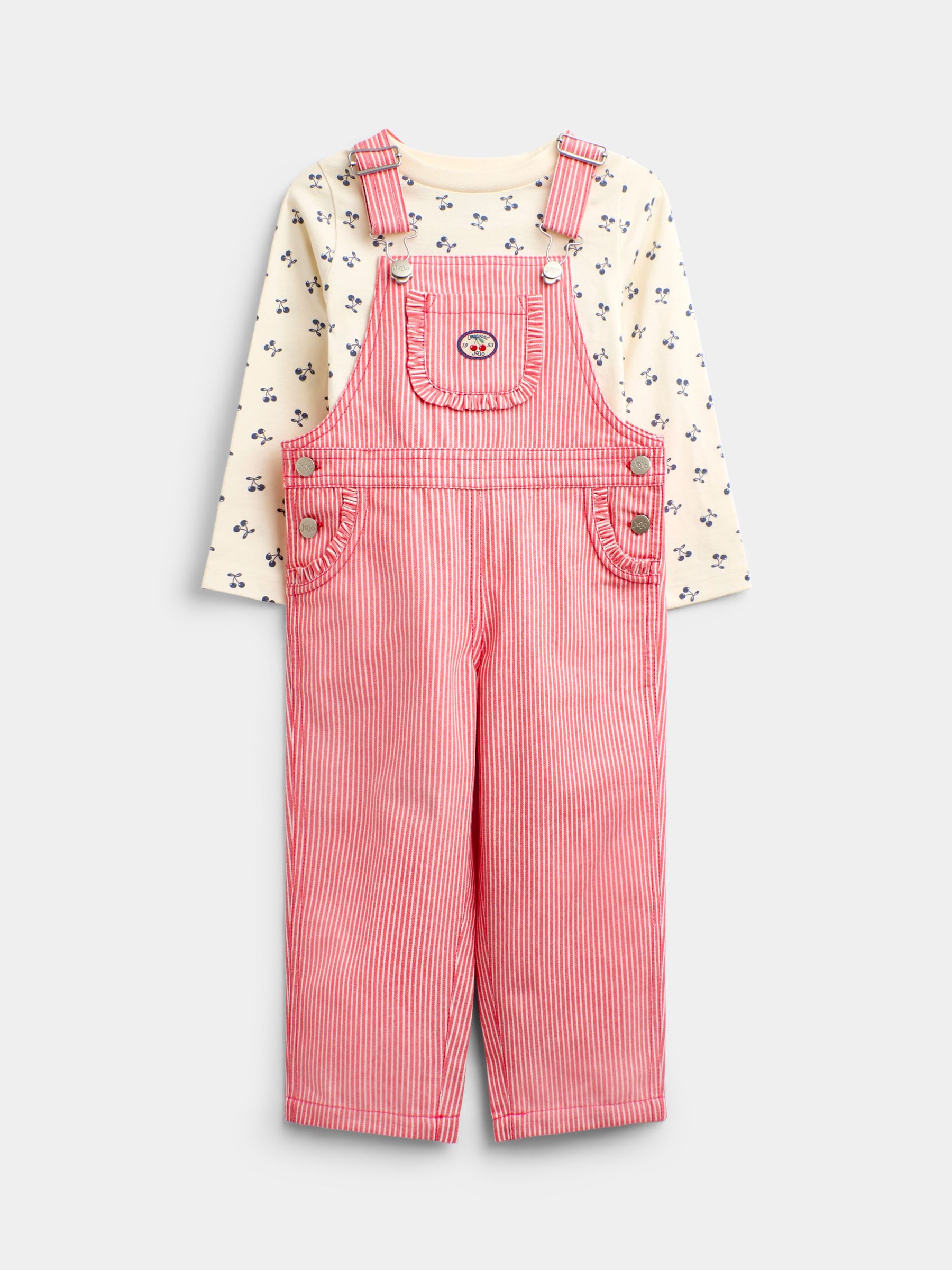 Bright Red Cherry - Pinstripe Dungaree & Printed Top Set