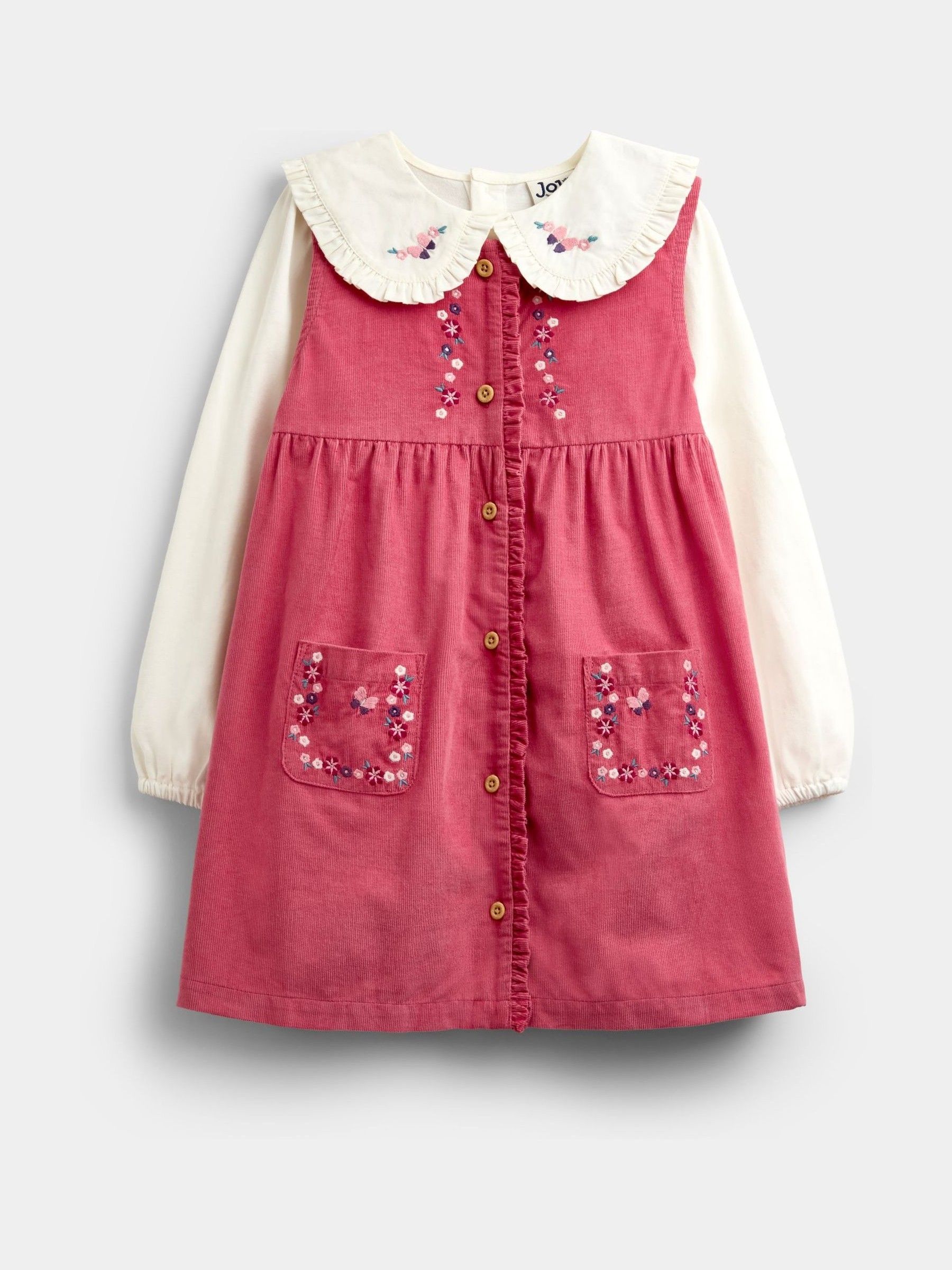 Bright Pink Flowers - Embroidered Cord Pinafore Dress & Blouse Set