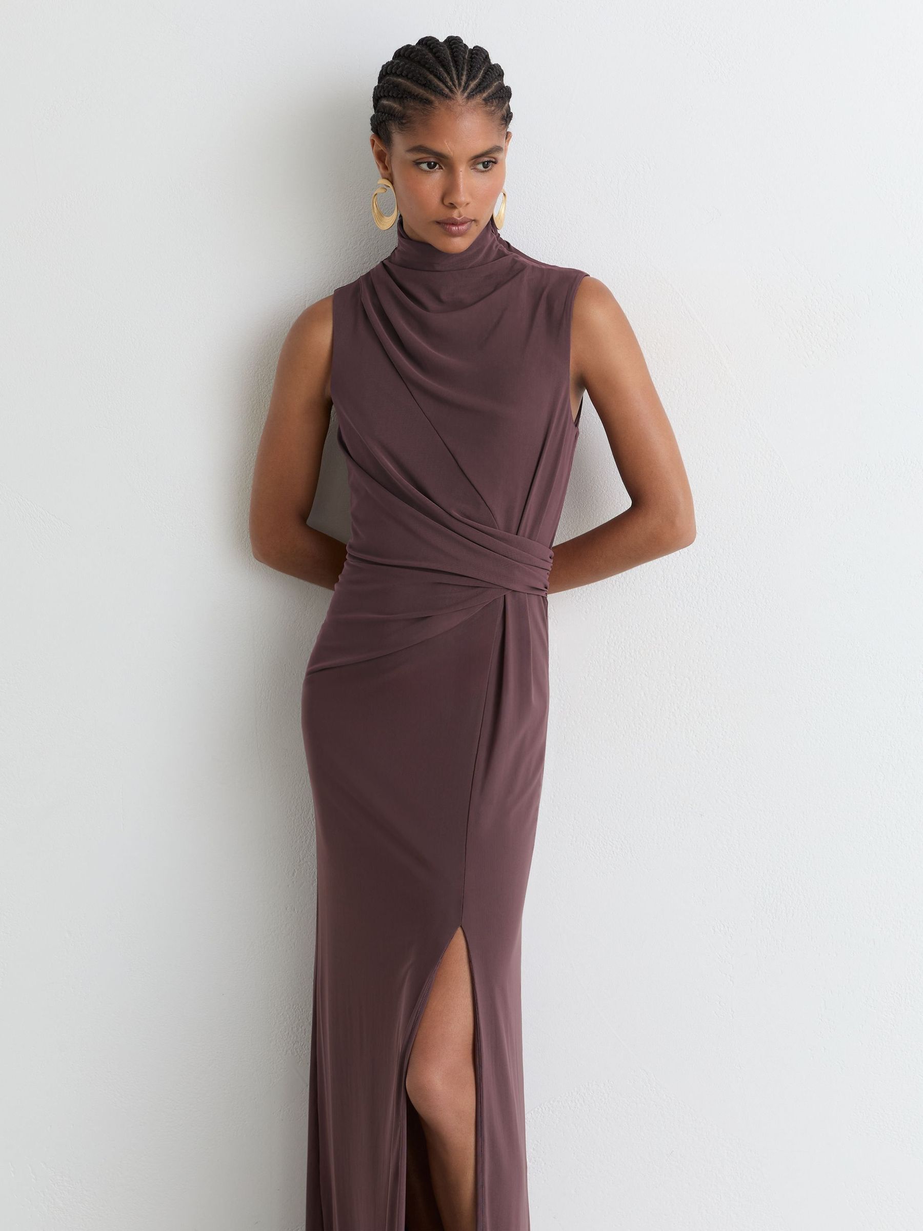 Taupe Brown - Draped-detail Sleeveless Maxi Dress