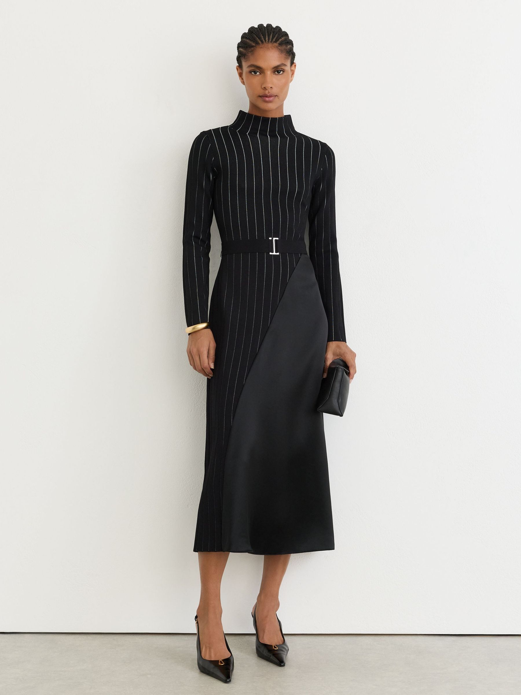 Black - Pinstripe Knitted Satin-panel Midi Dress