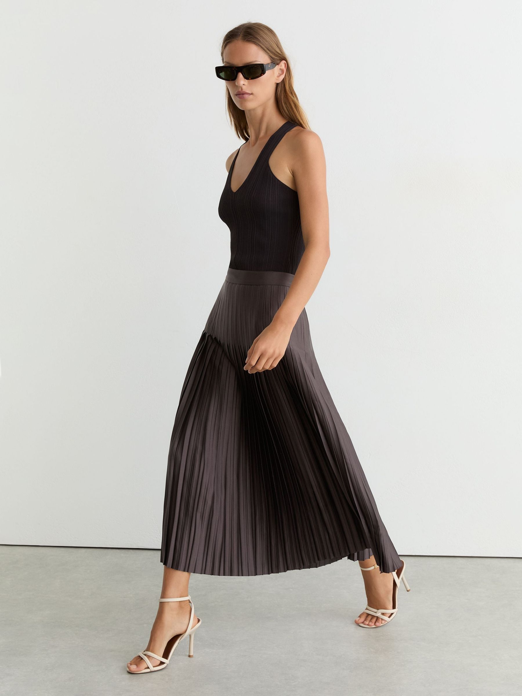 Mauve - Satin Pleated Midi Skirt