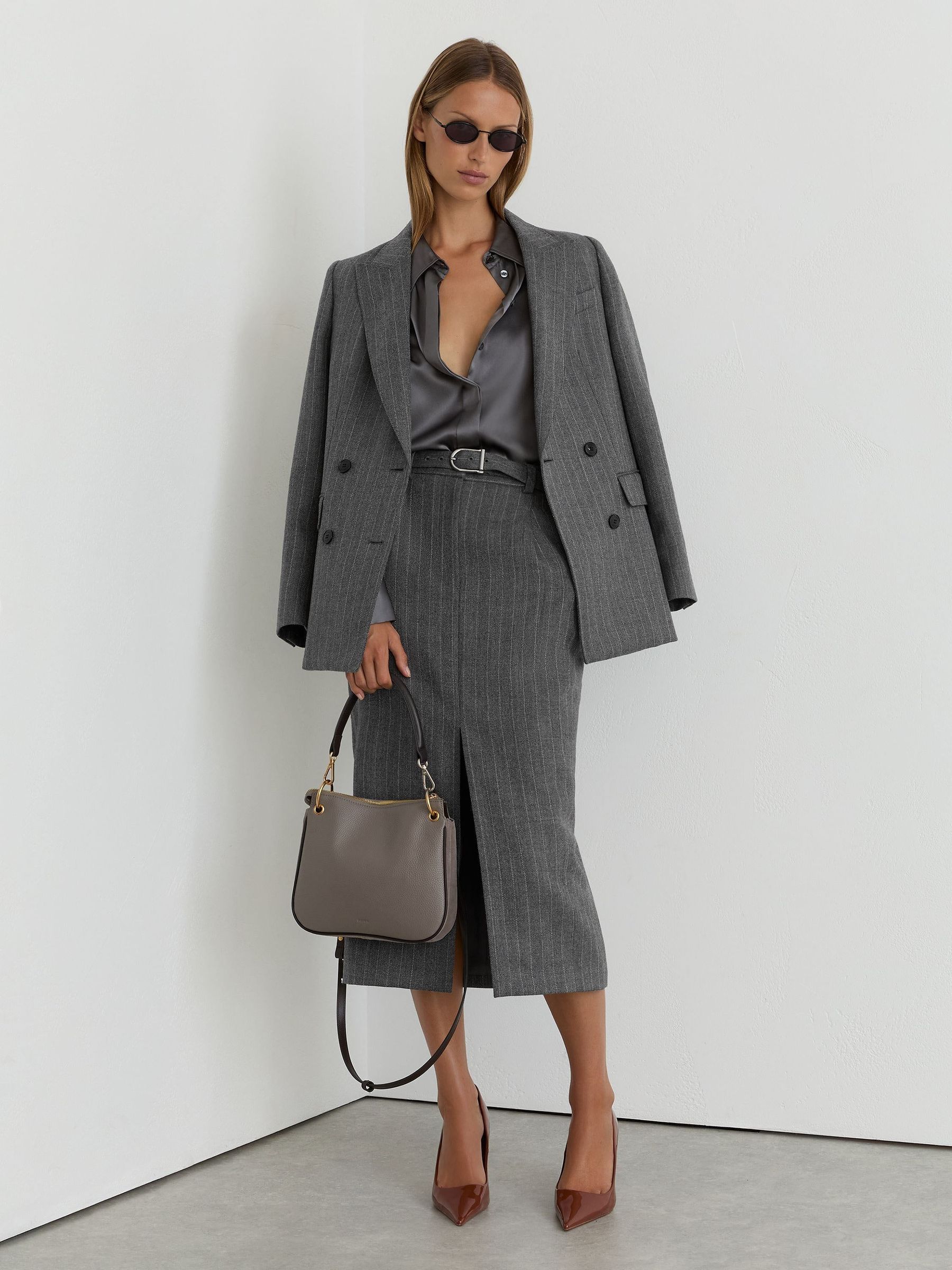 Grey - Wool Pinstripe Belted Pencil Skirt