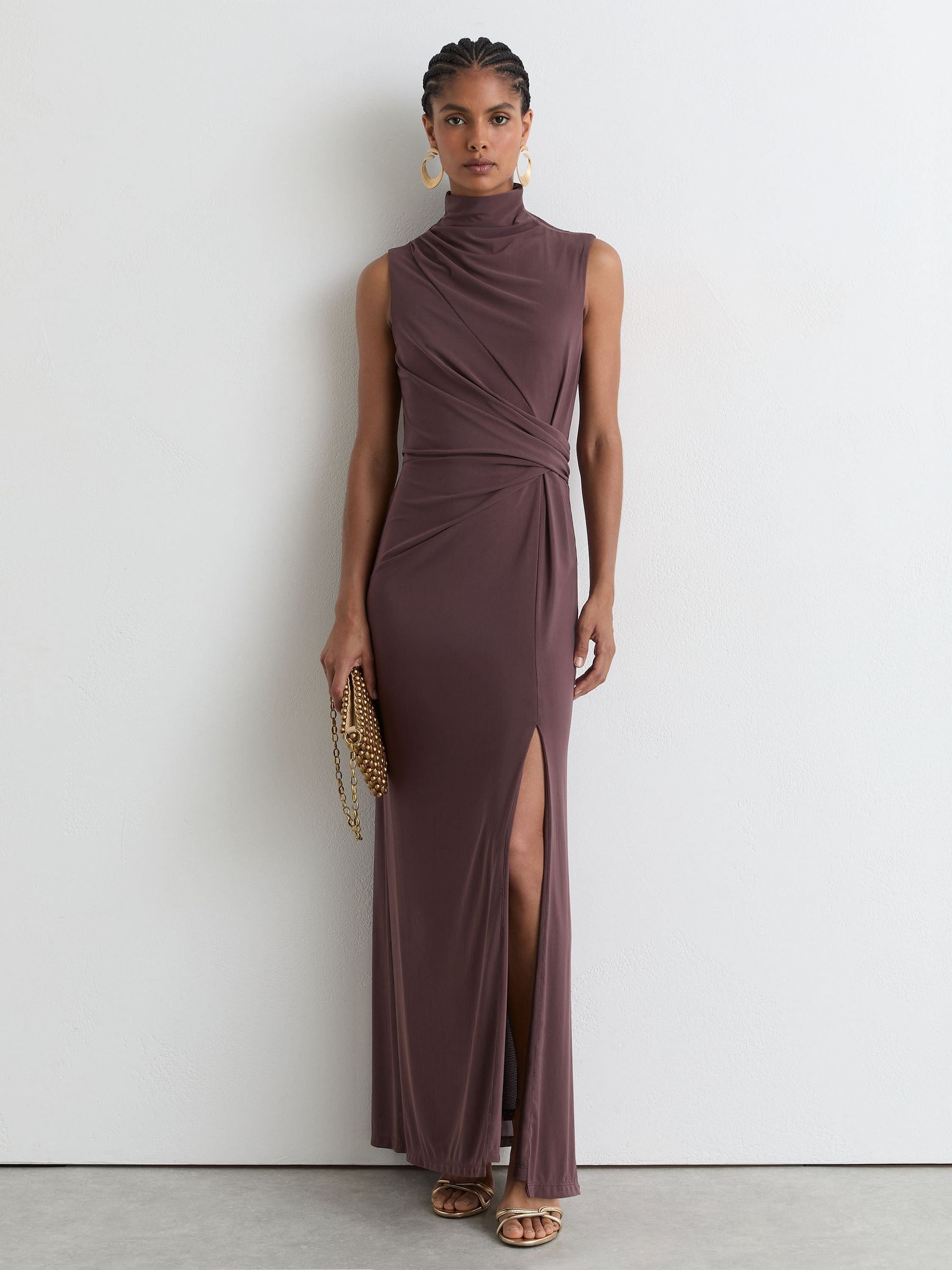 Taupe Brown - Draped-detail Sleeveless Maxi Dress