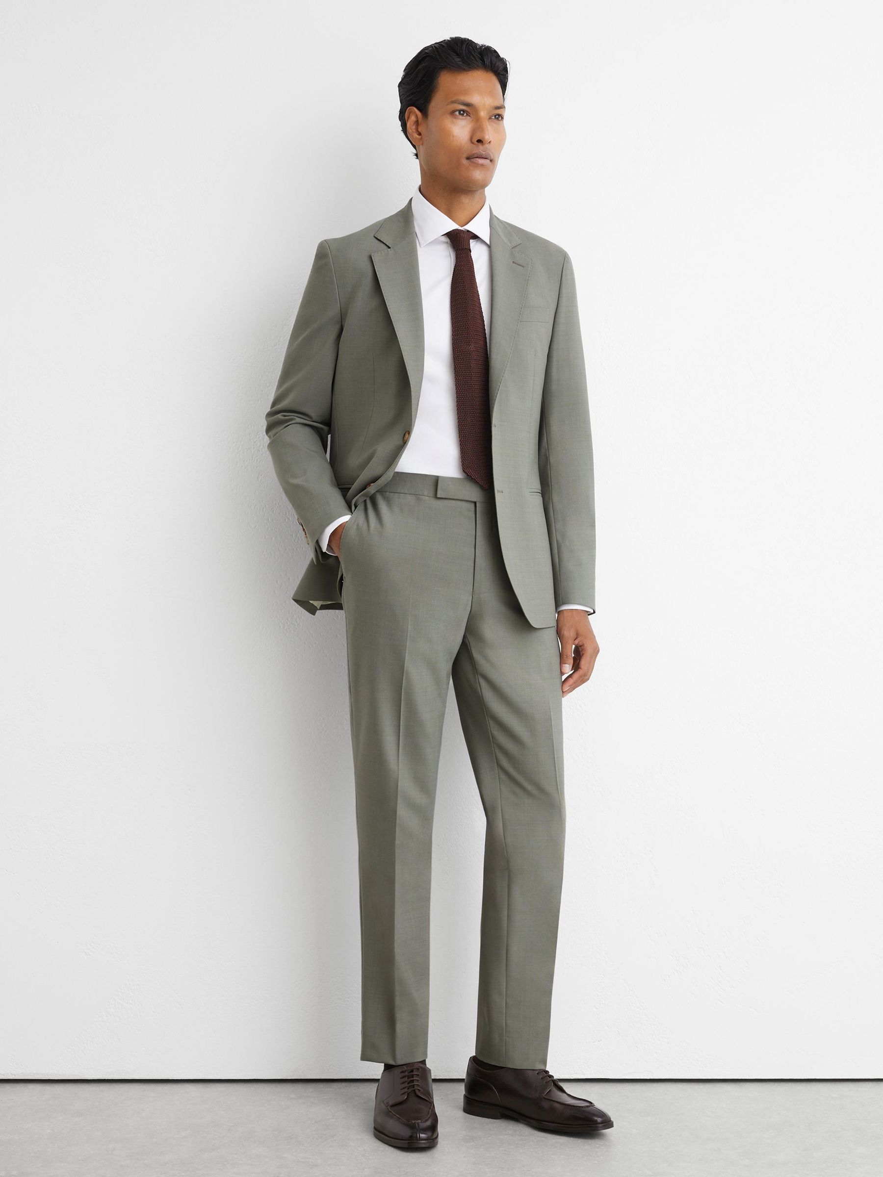 Sage Green - Tailored Fit Wool-blend Side-adjuster Suit Trousers