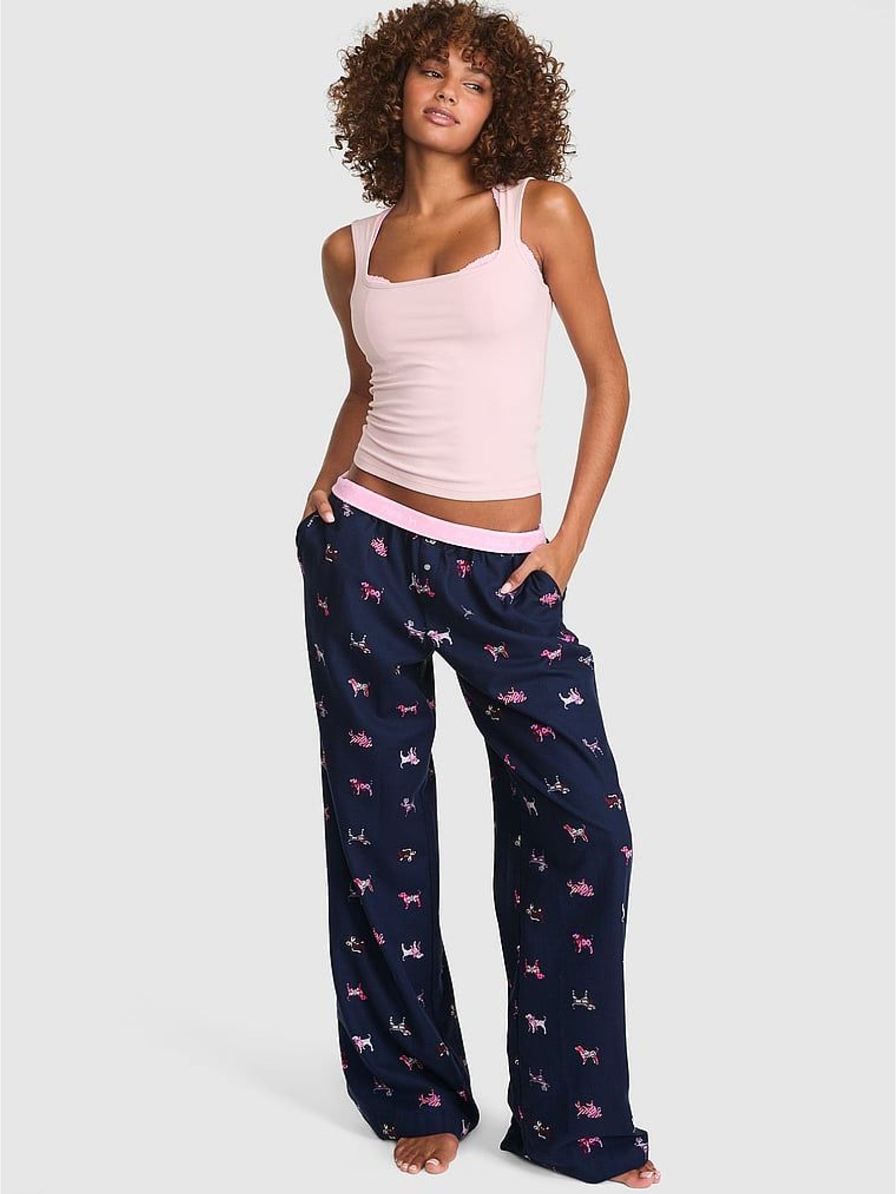 Navy Blue Dog Print - Long Flannel Pyjama Bottoms