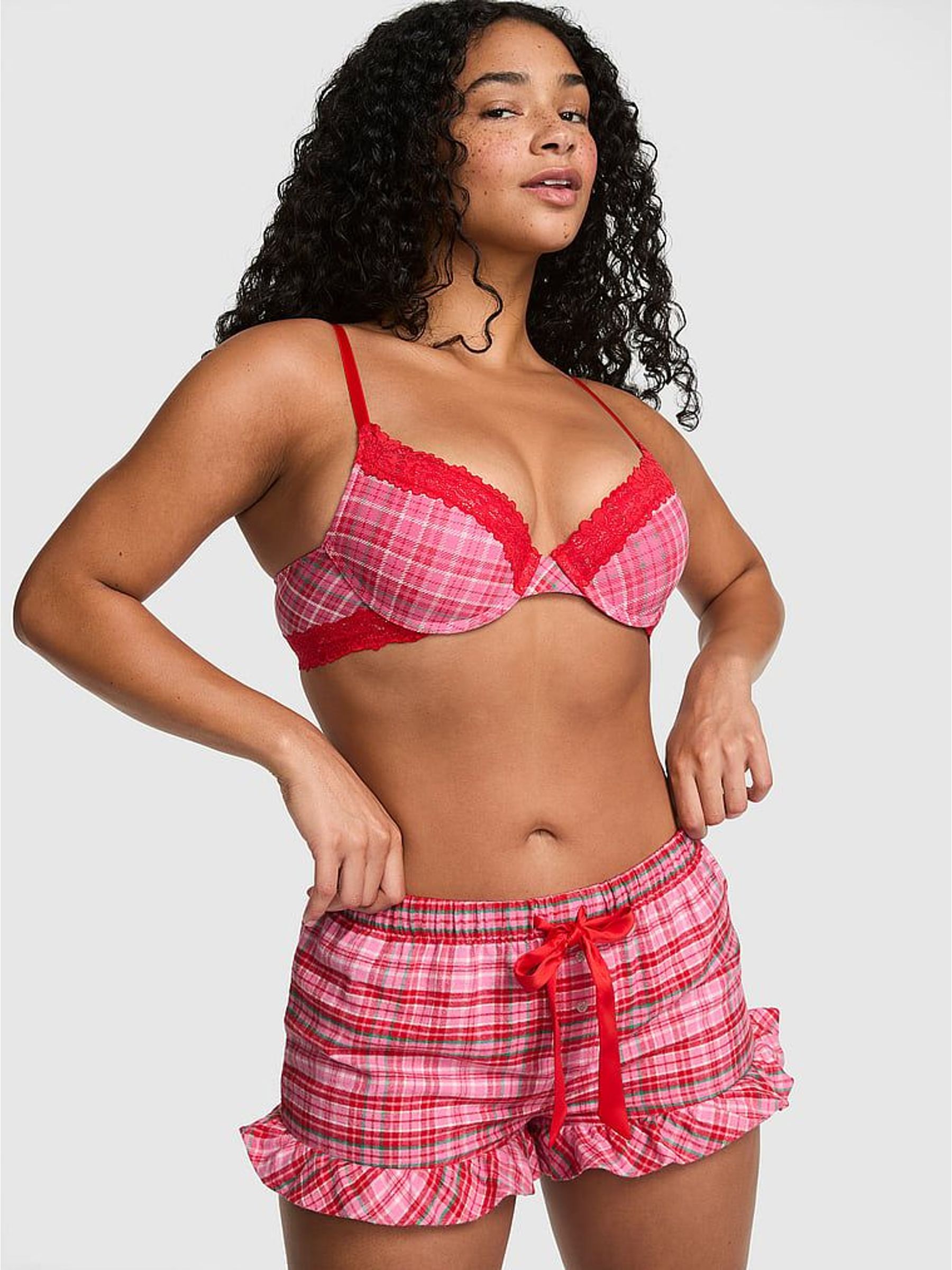 Pink/Red Tartan - Short Flannel Pyjama Bottoms