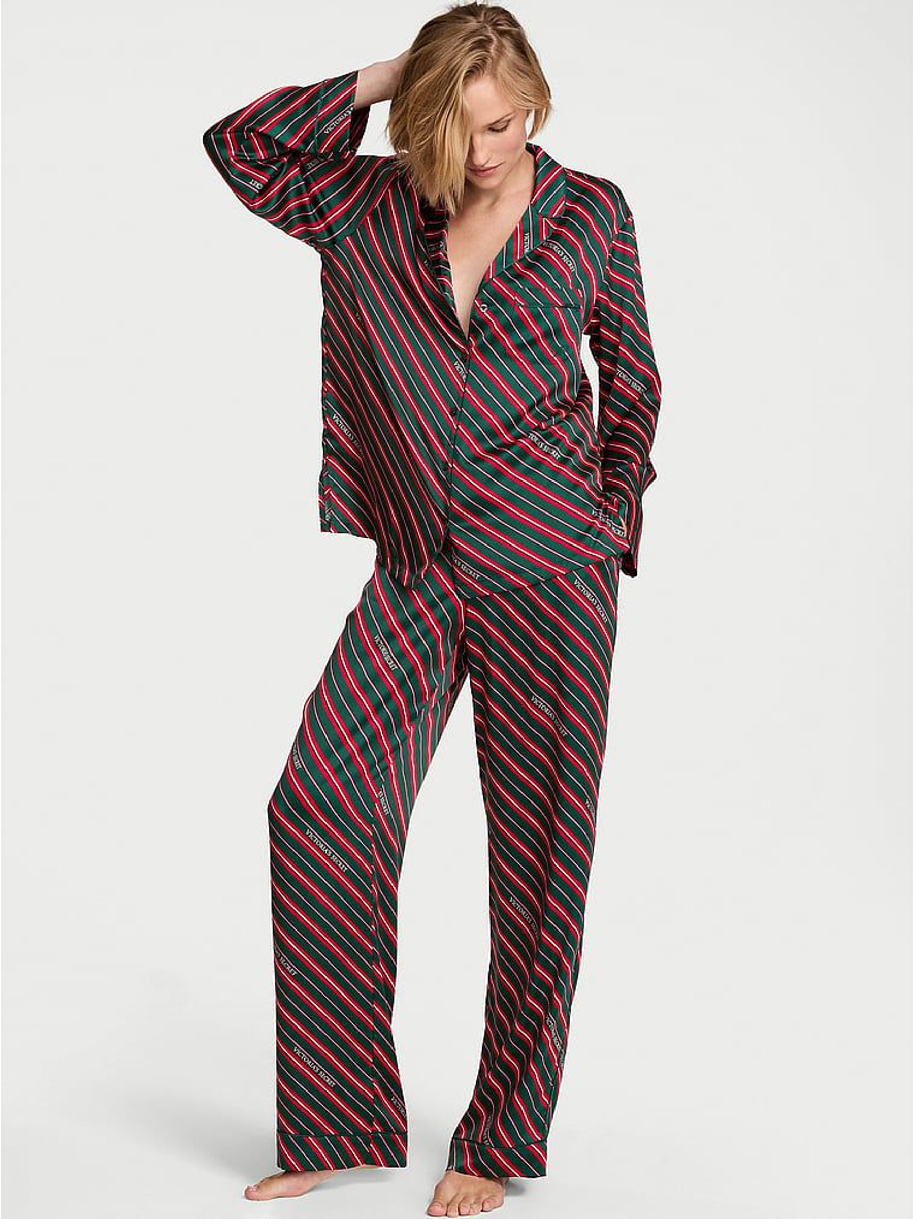 Christmas Red & Green Candy Cane Stripe - Satin Long Pyjamas Set