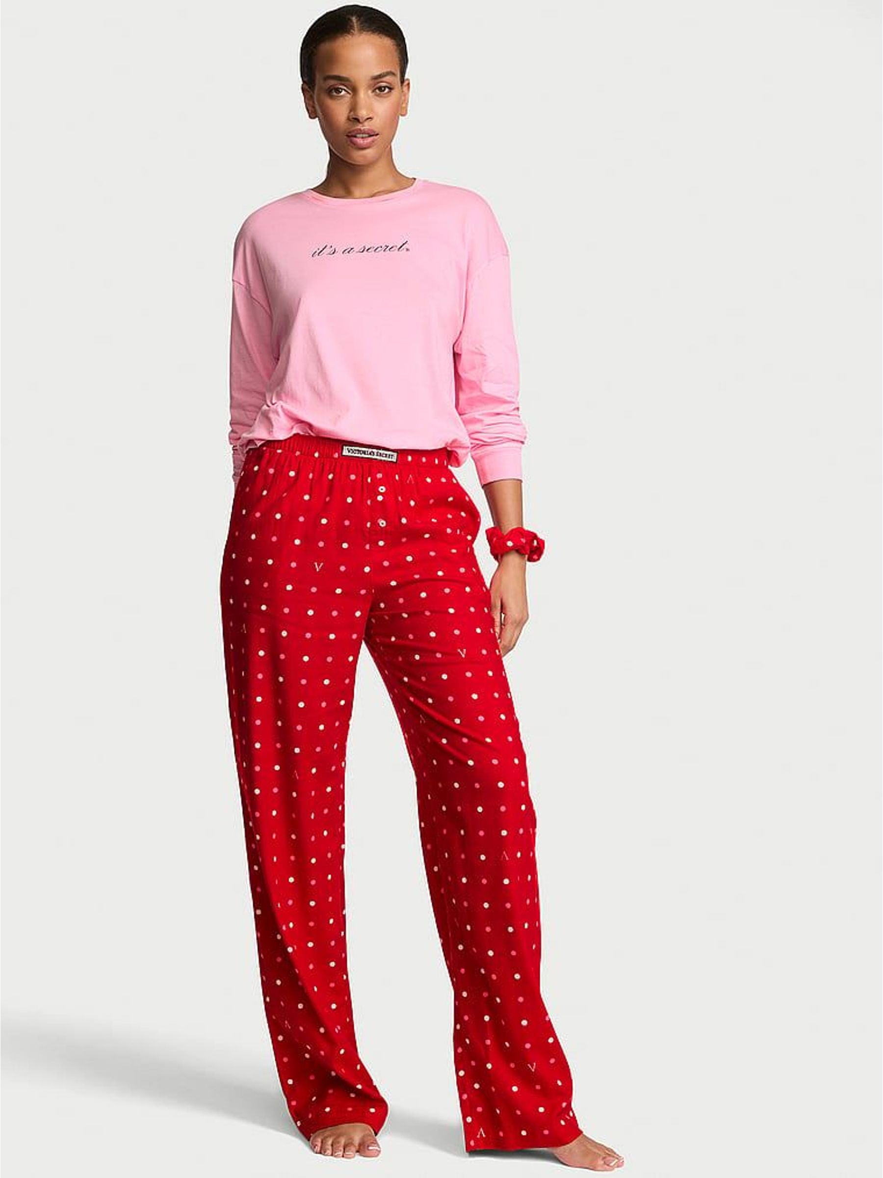 Pink & Red Polka Dot - Long Sleeve Flannel Pyjamas & Scrunchie Set