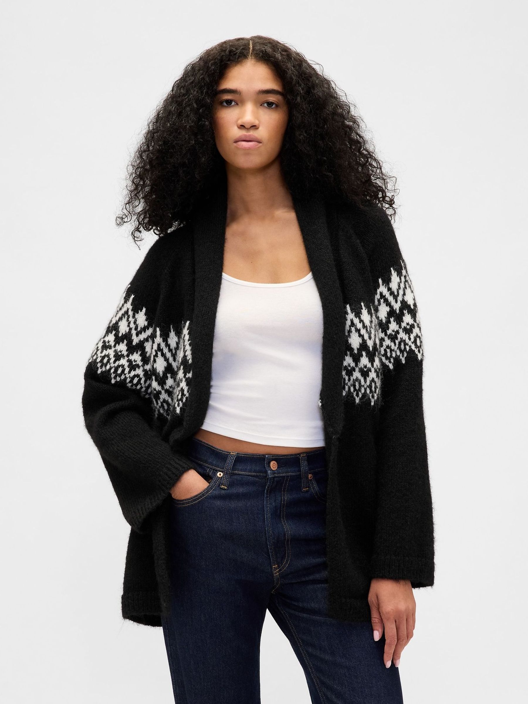 Black Wool Blend Fair Isle Pattern Shawl Cardigan (Y95444) | £75