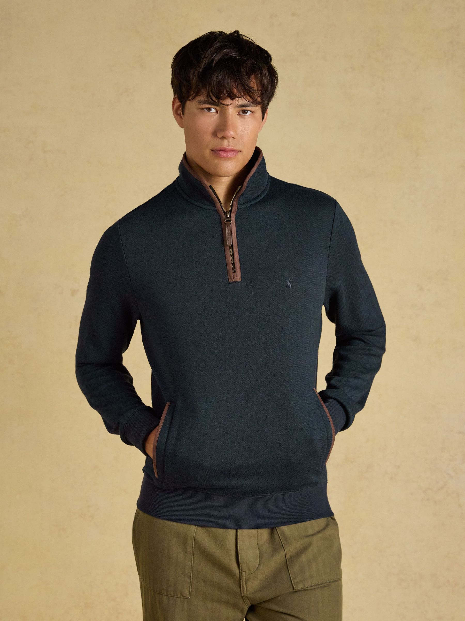 Navy - Regular Herringbone Quarter Zip Sweatshirt