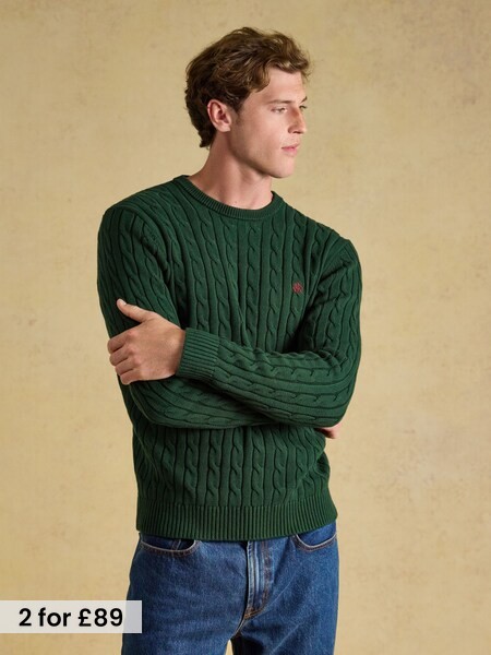 Green - Regular Crew Neck Cotton Cable Knit Jumper