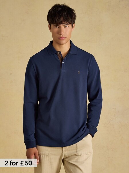 Navy - Regular Long Sleeve Cotton Pique Polo Shirt