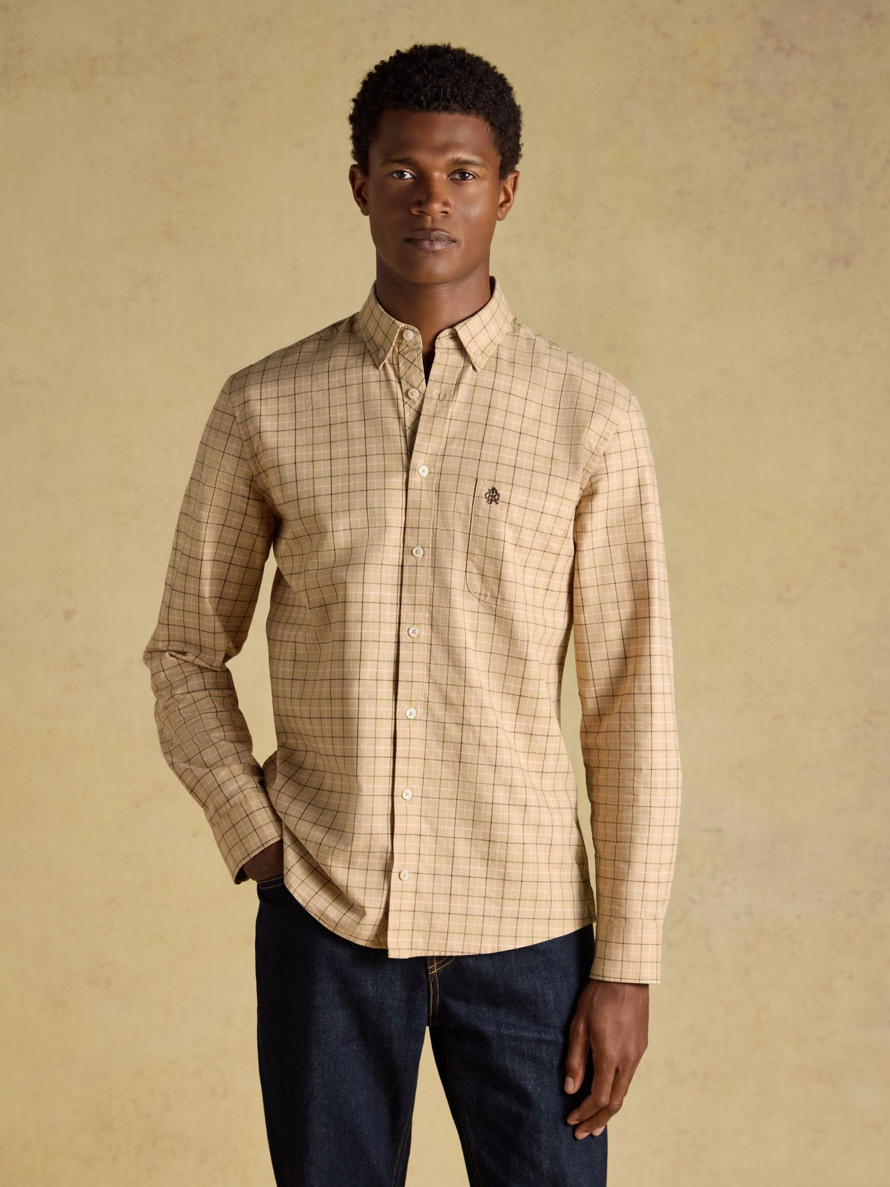 Oatmeal - Regular Checked Classic Fit Cotton Oxford Shirt