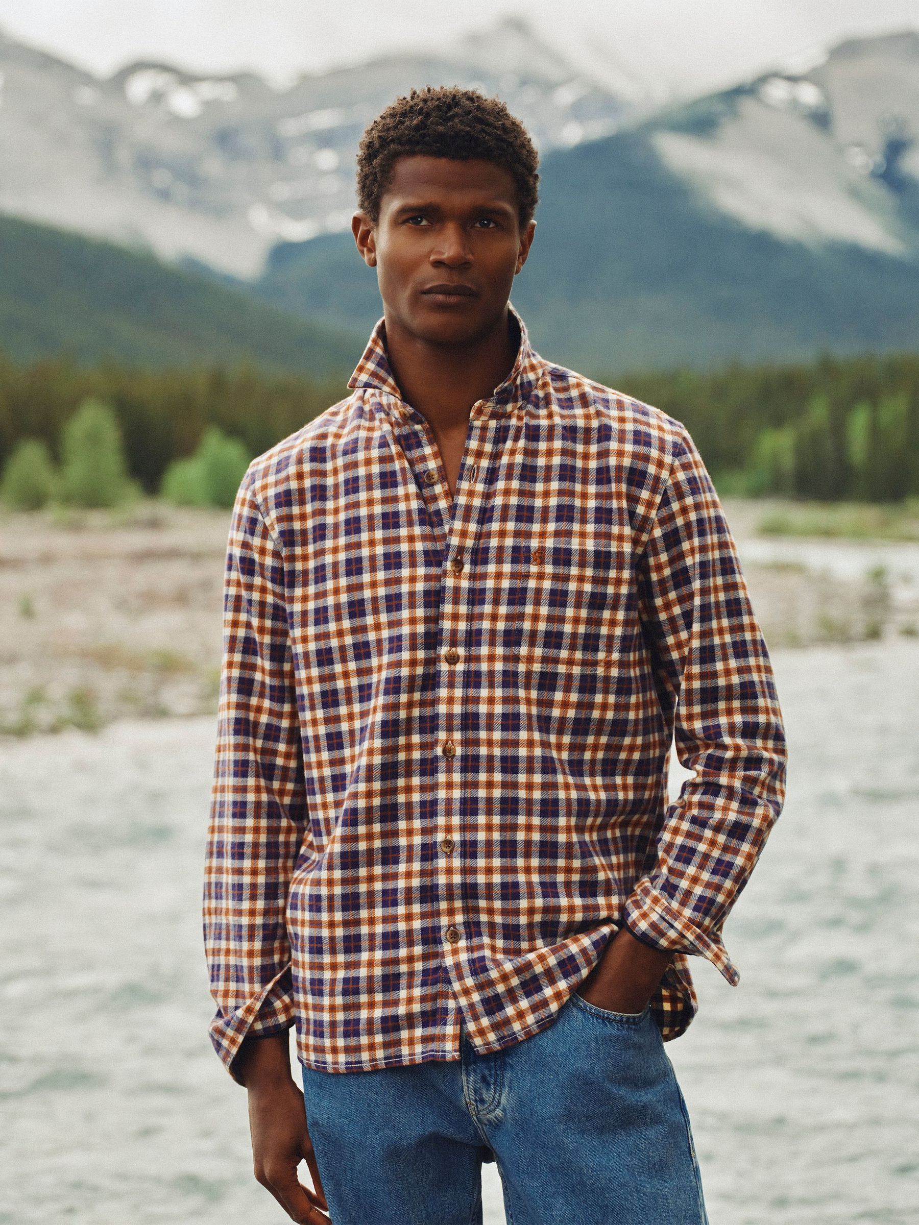 Navy - Regular Long Sleeve Brushed Flannel Shirt