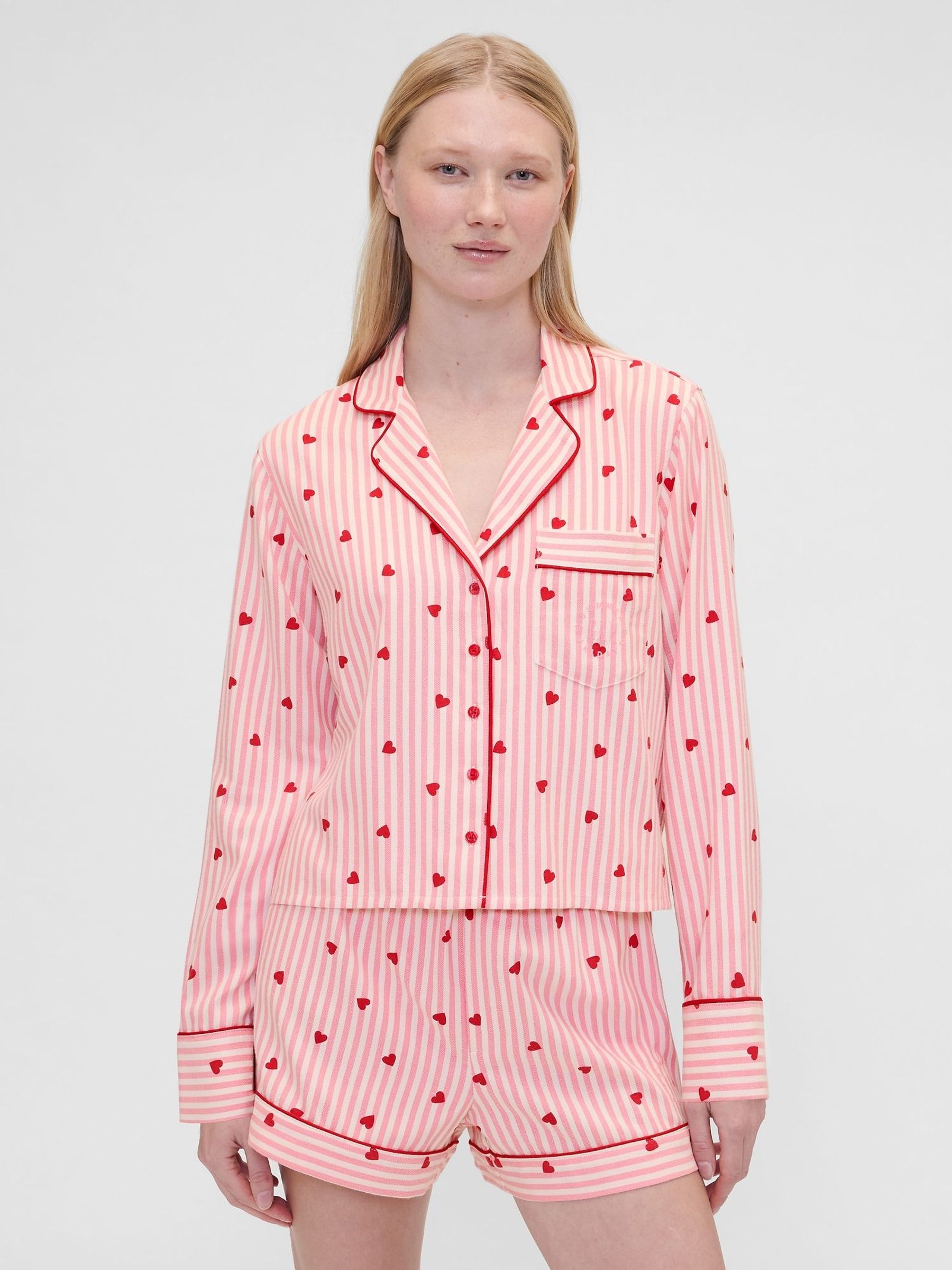 Gap X Summer Fridays Pink/Red Relaxed Flannel Hearts Pyjama Shirt (Y96985) | £45