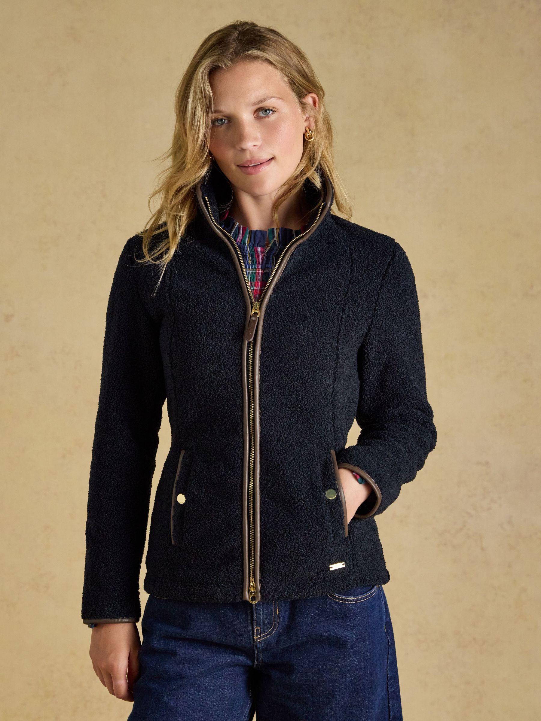 Navy - Regular Zip Through Borg Fleece