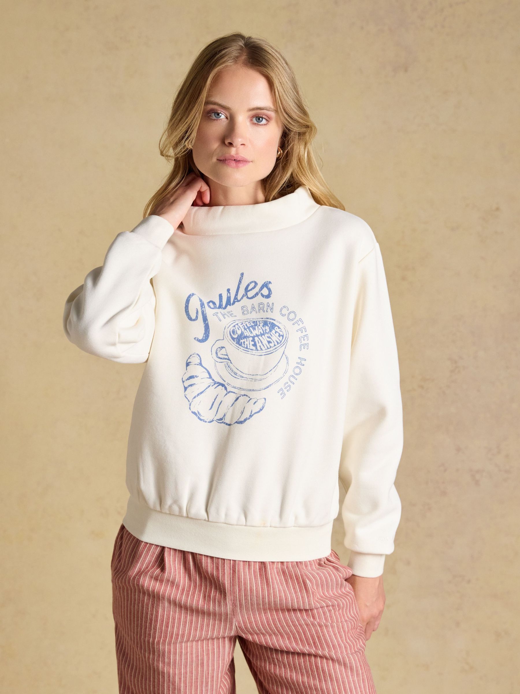 Cream Joules Coffee House - Cotton Blend Wide Neck Sweatshirt