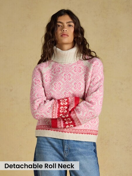 Pink - Patterned Knitted Jumper With Detachable Roll Neck