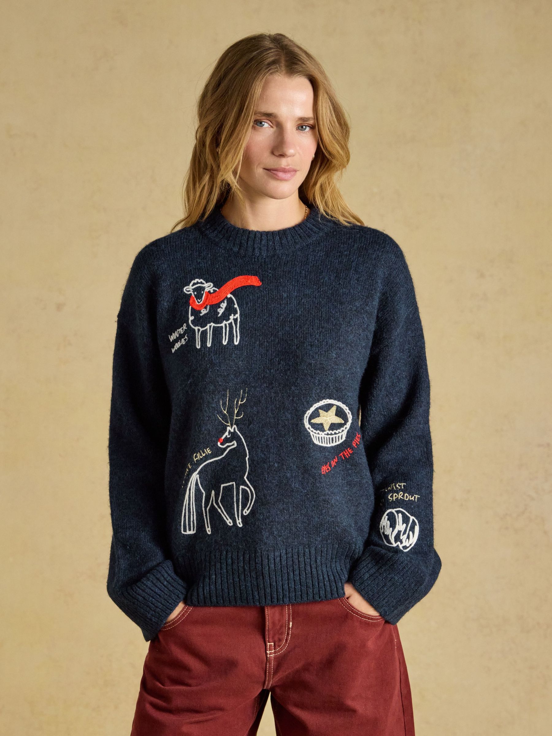 Navy - Embroidered Christmas Icons Crew Neck Jumper