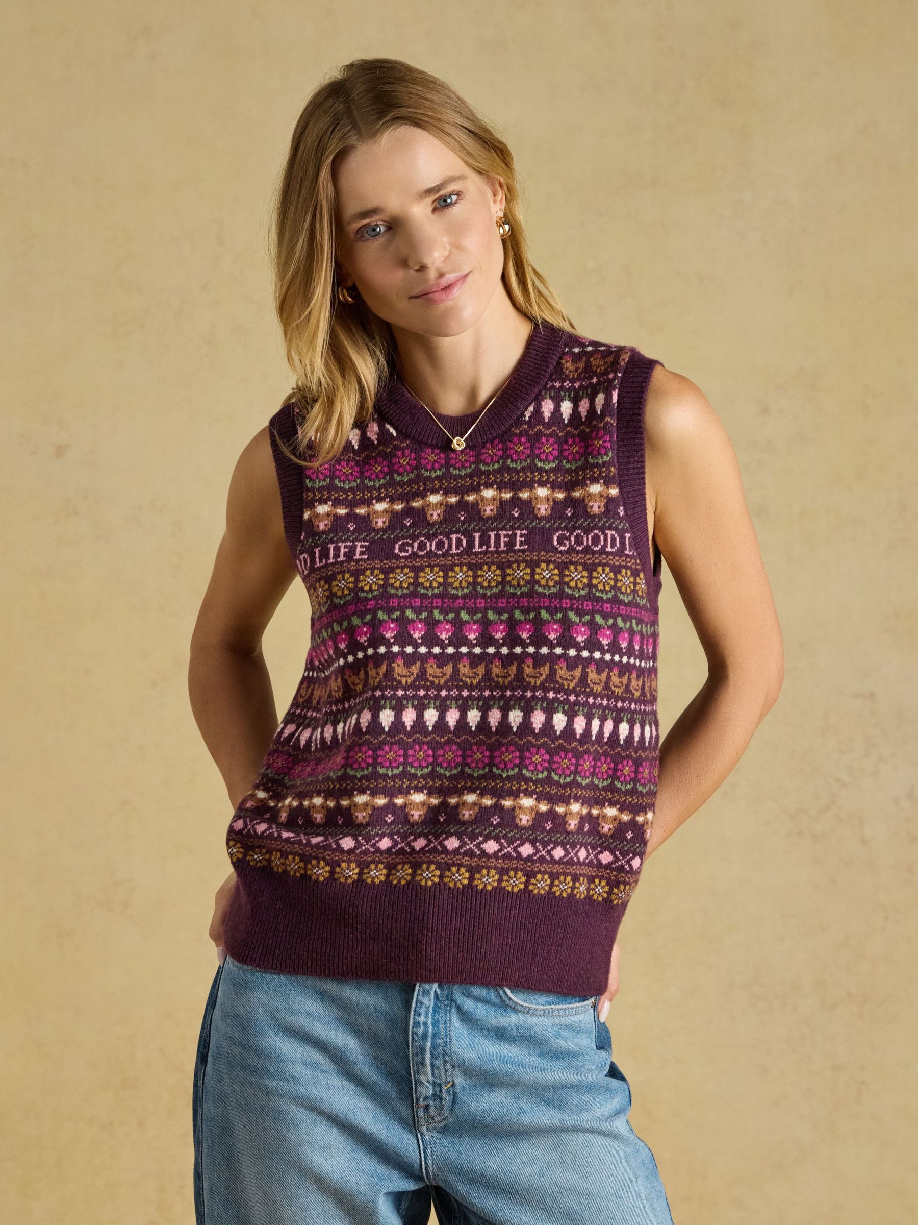 Wine Red - Cotton Blend Crew Neck Knitted Vest