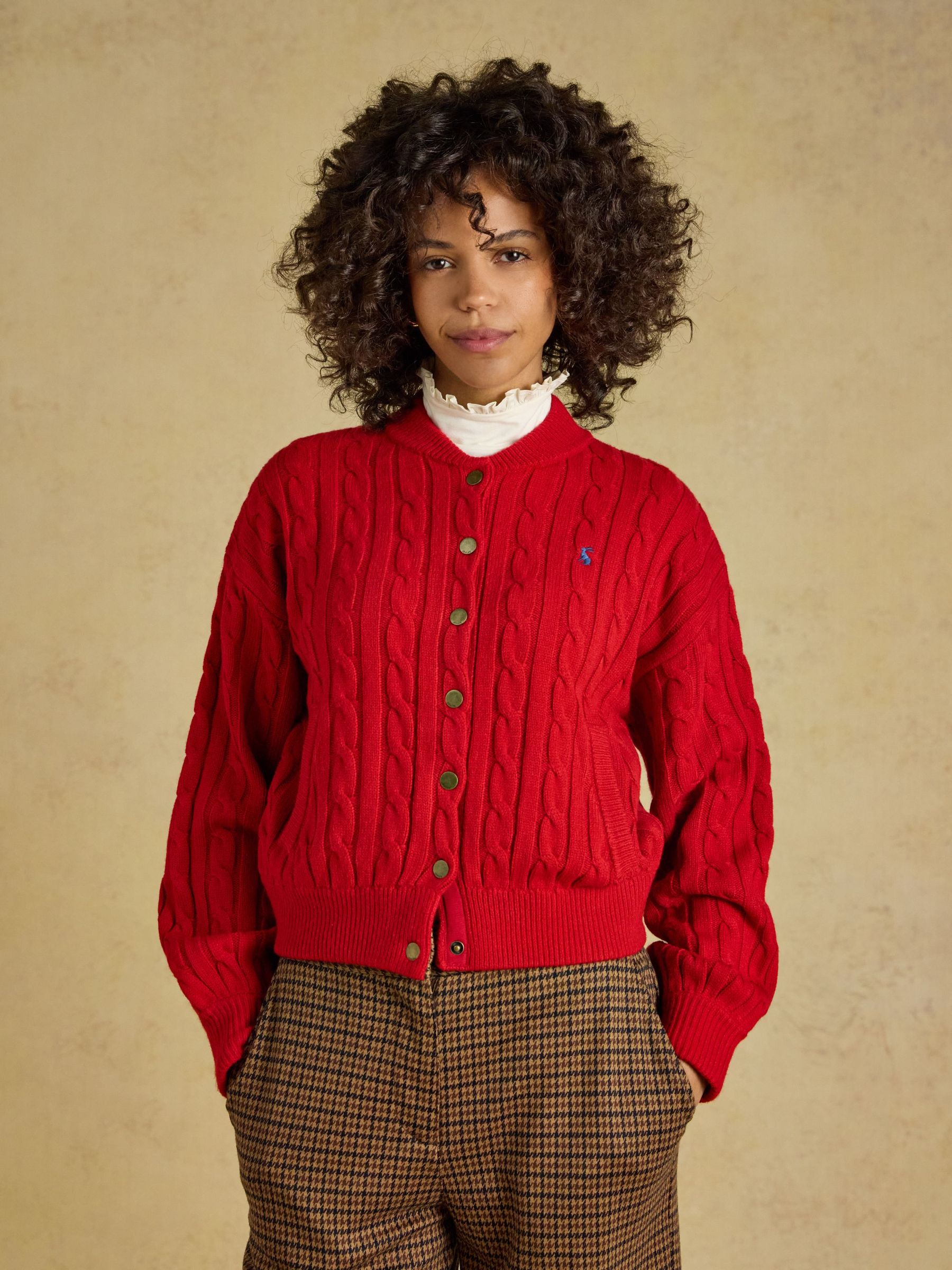 Red - Cable Knit Bomber Style Cardigan