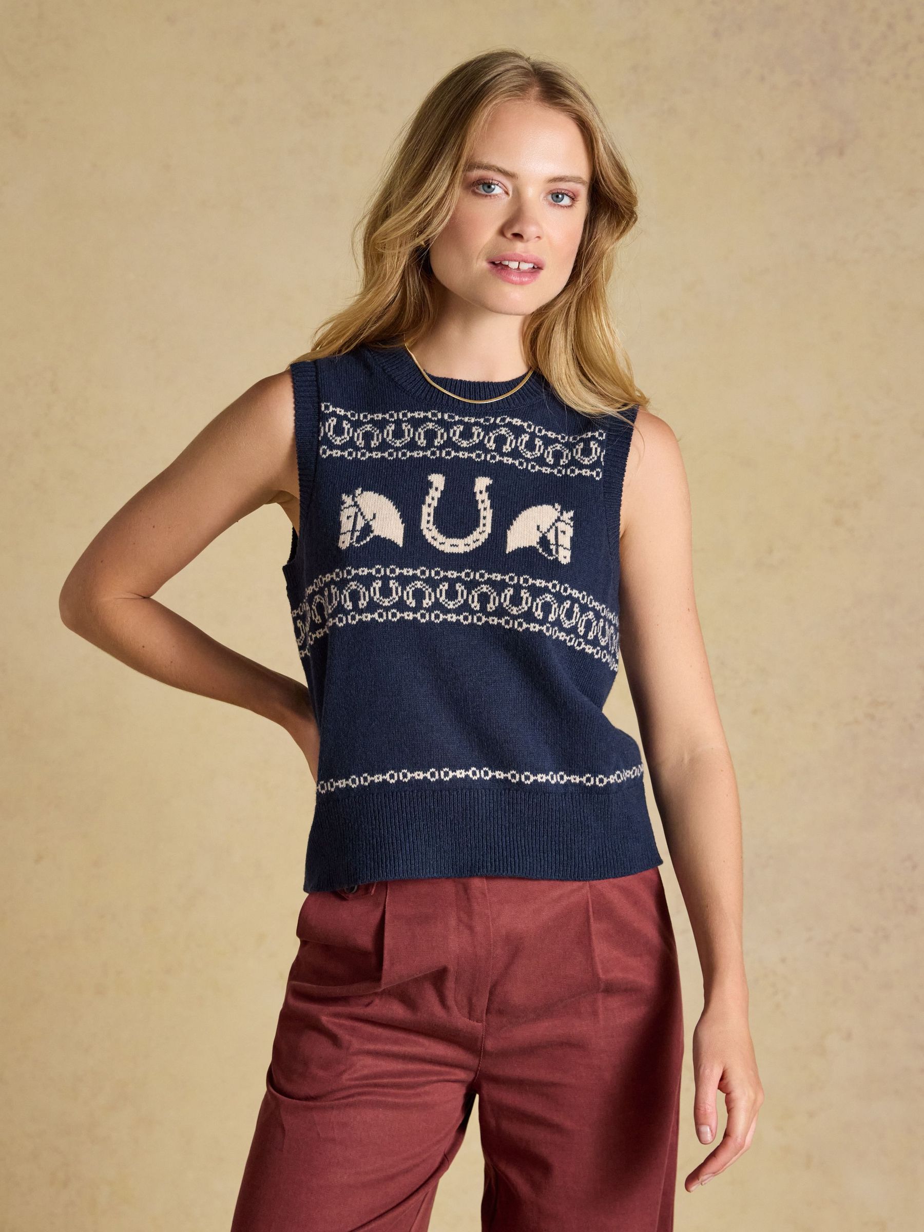 Navy - Cotton Blend Crew Neck Knitted Vest