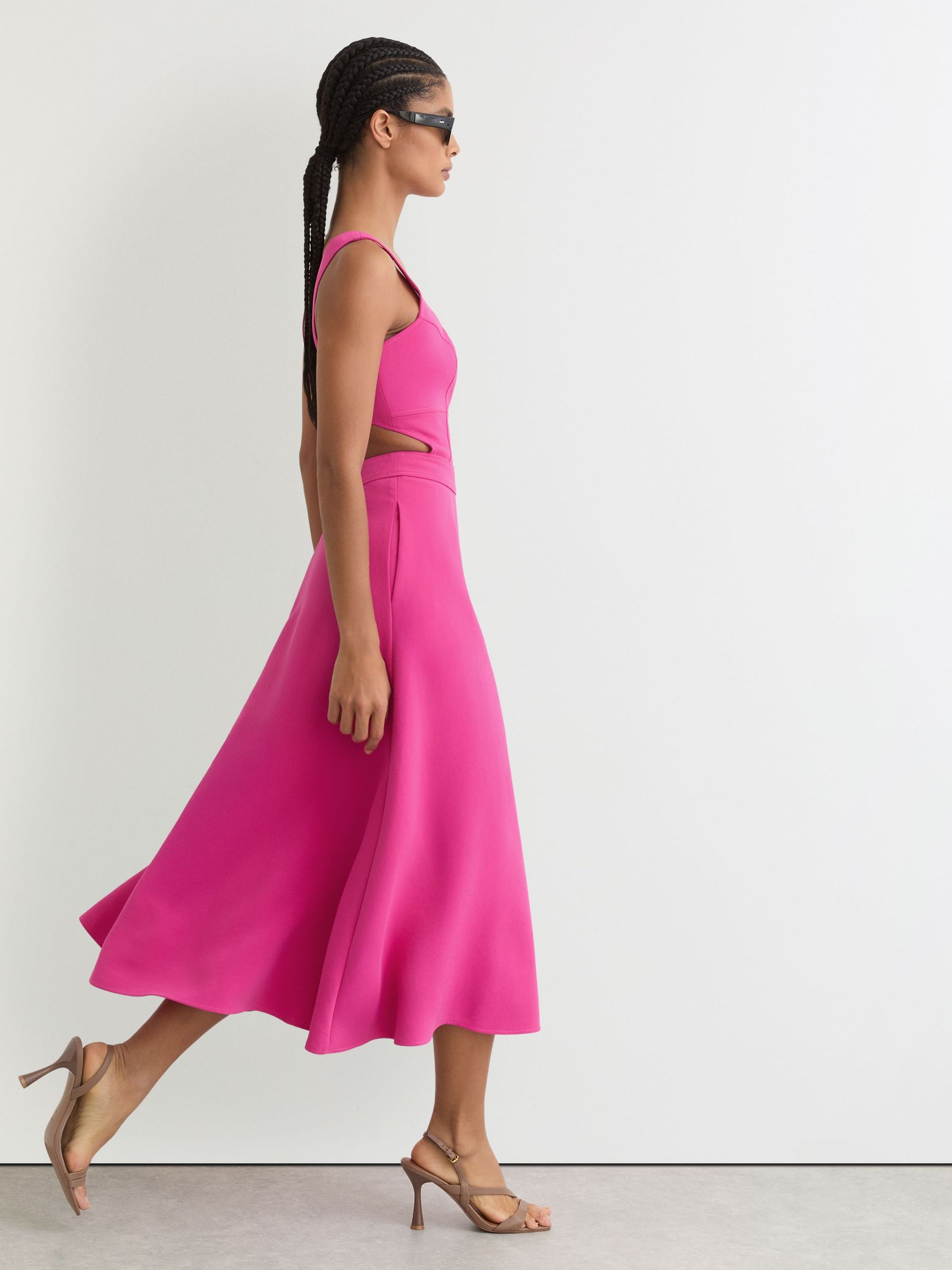 Waisted Cut-Out Twill Midi Dress in Raspberry Pink (Y98546) | £240